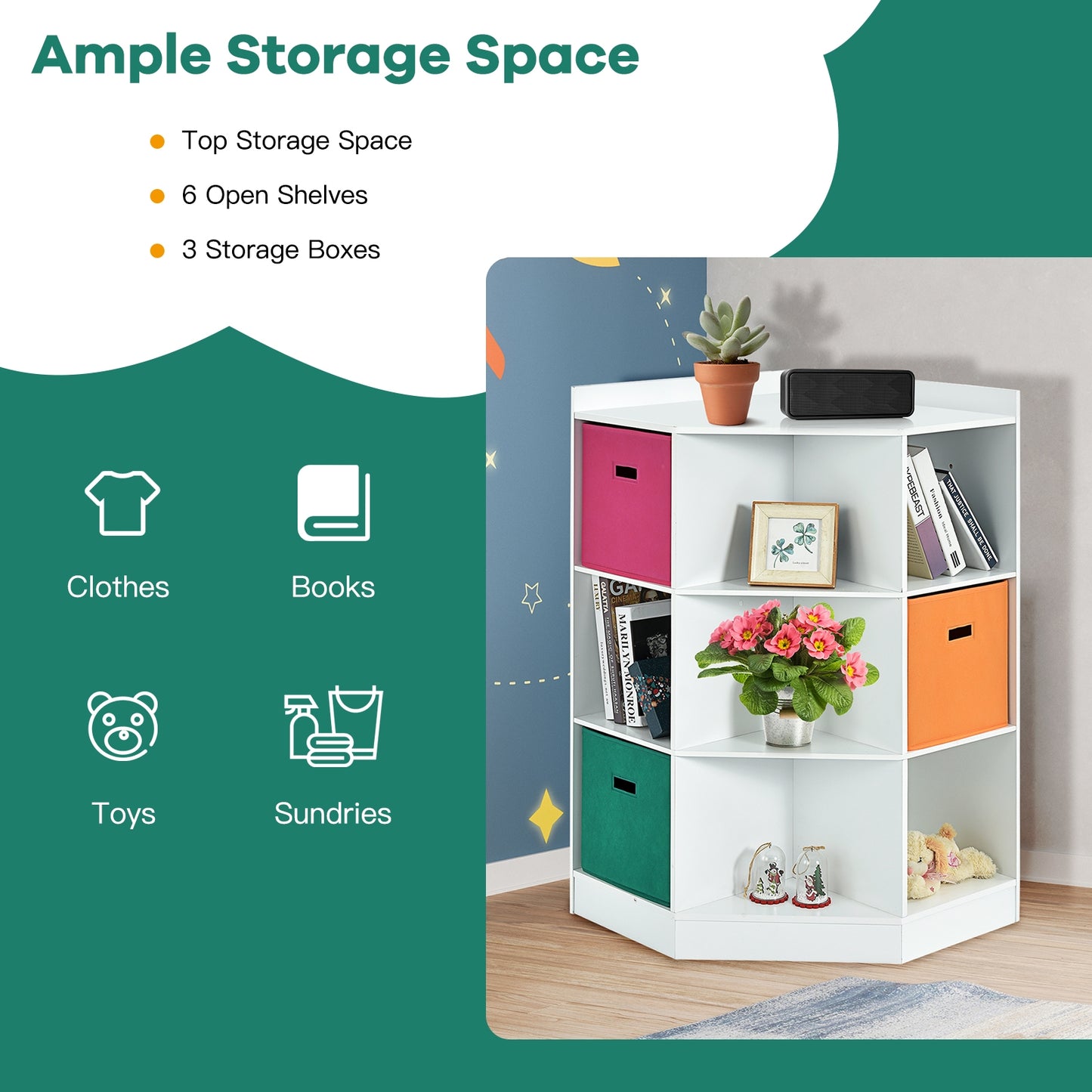 3-Tier 9-Cubby Kids Storage Shelf Corner Cabinet with 3 Baskets-White