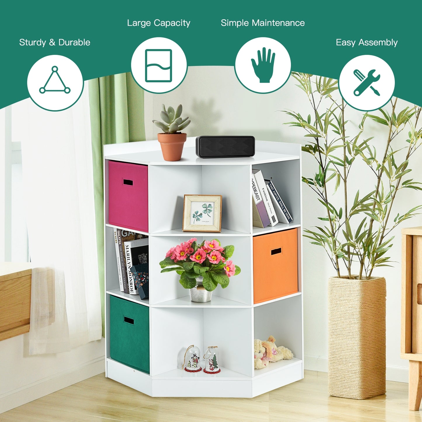 3-Tier 9-Cubby Kids Storage Shelf Corner Cabinet with 3 Baskets-White