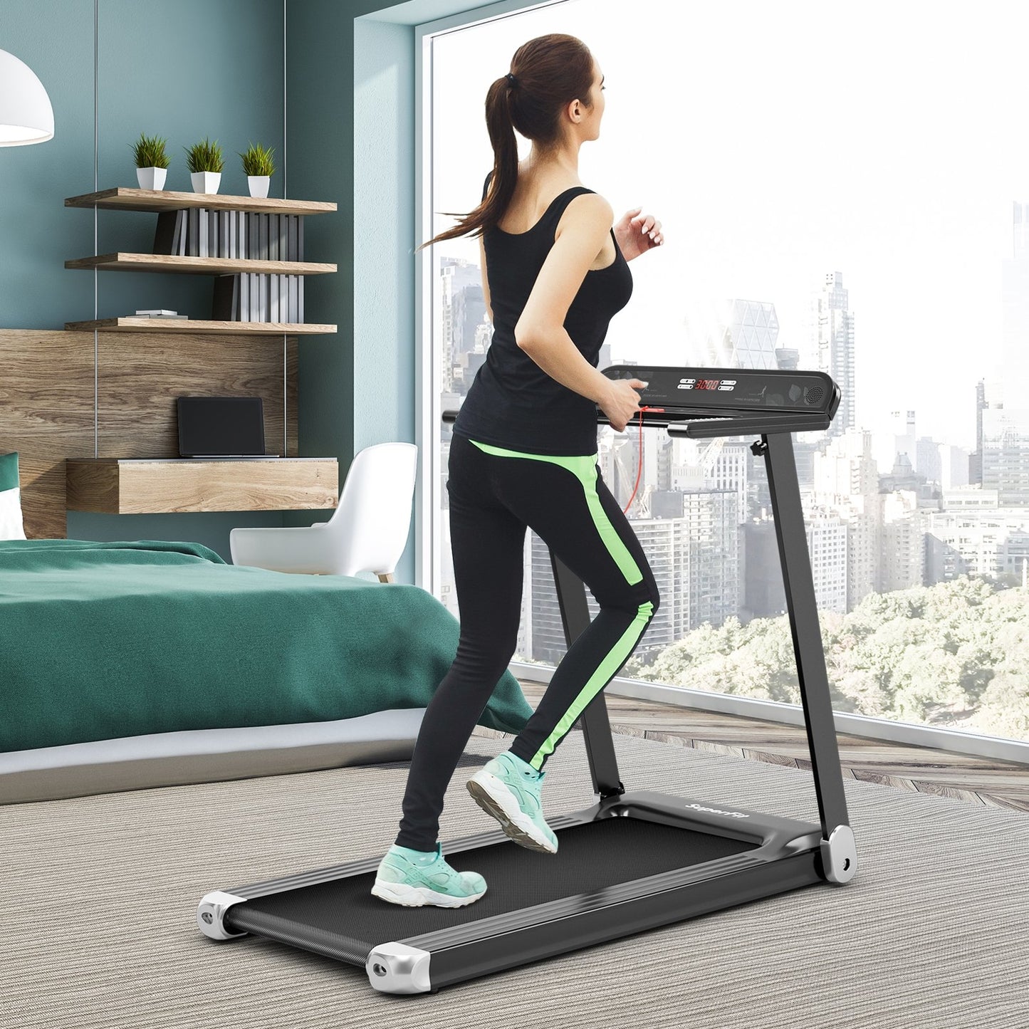 Folding Electric Compact Walking Treadmill with APP Control Speaker-Blue