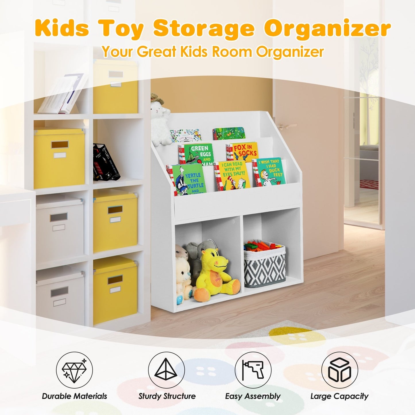 Kids Wooden Bookshelf Bookcase Children Toy Storage Cabinet Organizer-Gray