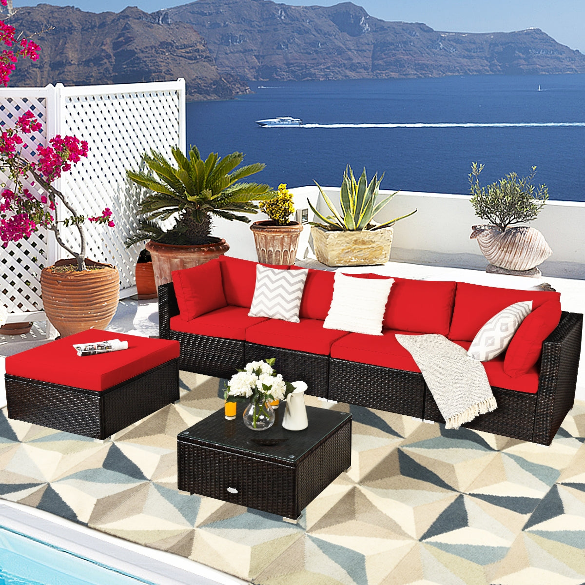 6 Pieces Outdoor Patio Rattan Furniture Set Sofa Ottoman-Coffee