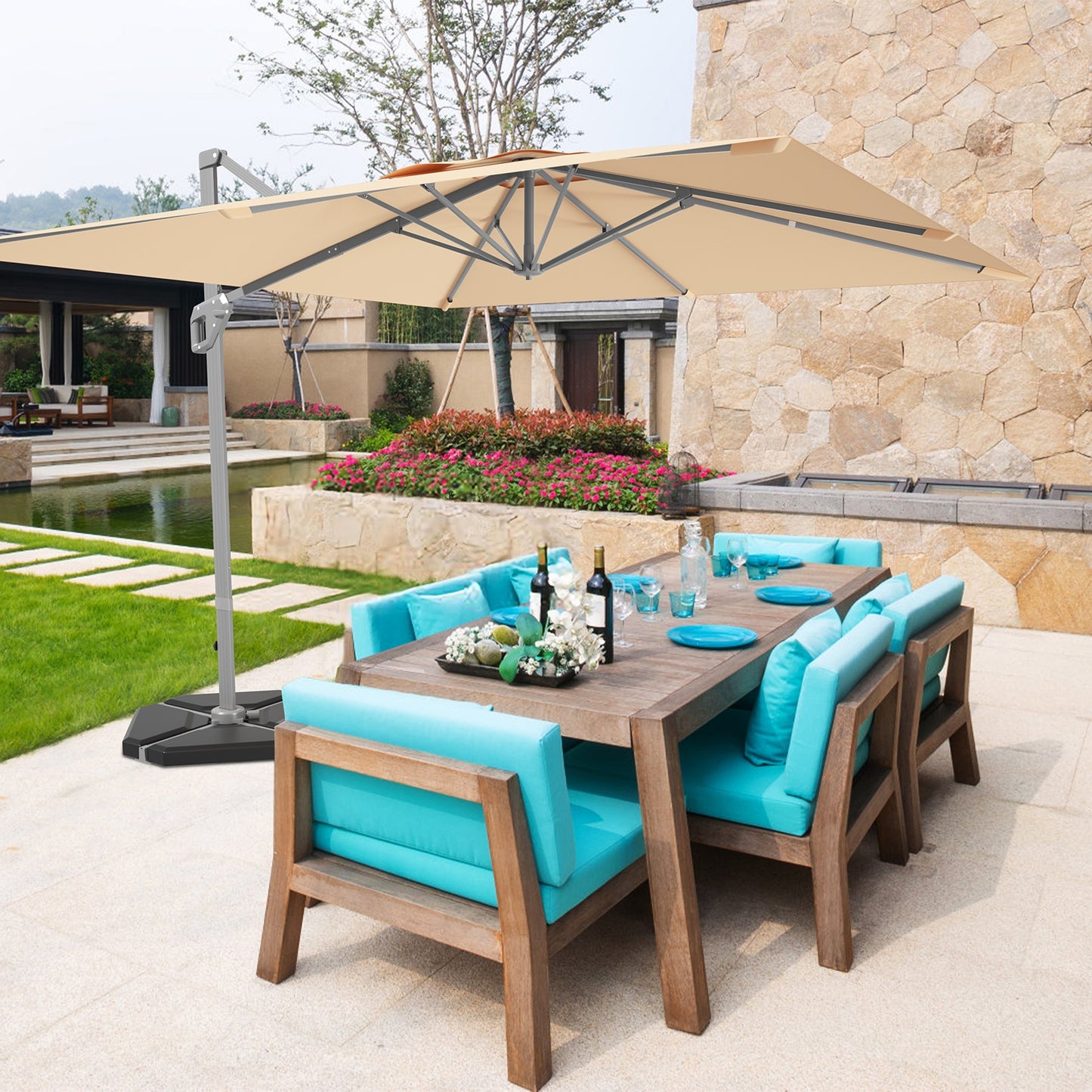10 x 10 Feet Patio Offset Cantilever Umbrella with Aluminum 360-degree Rotation Tilt-Beige
