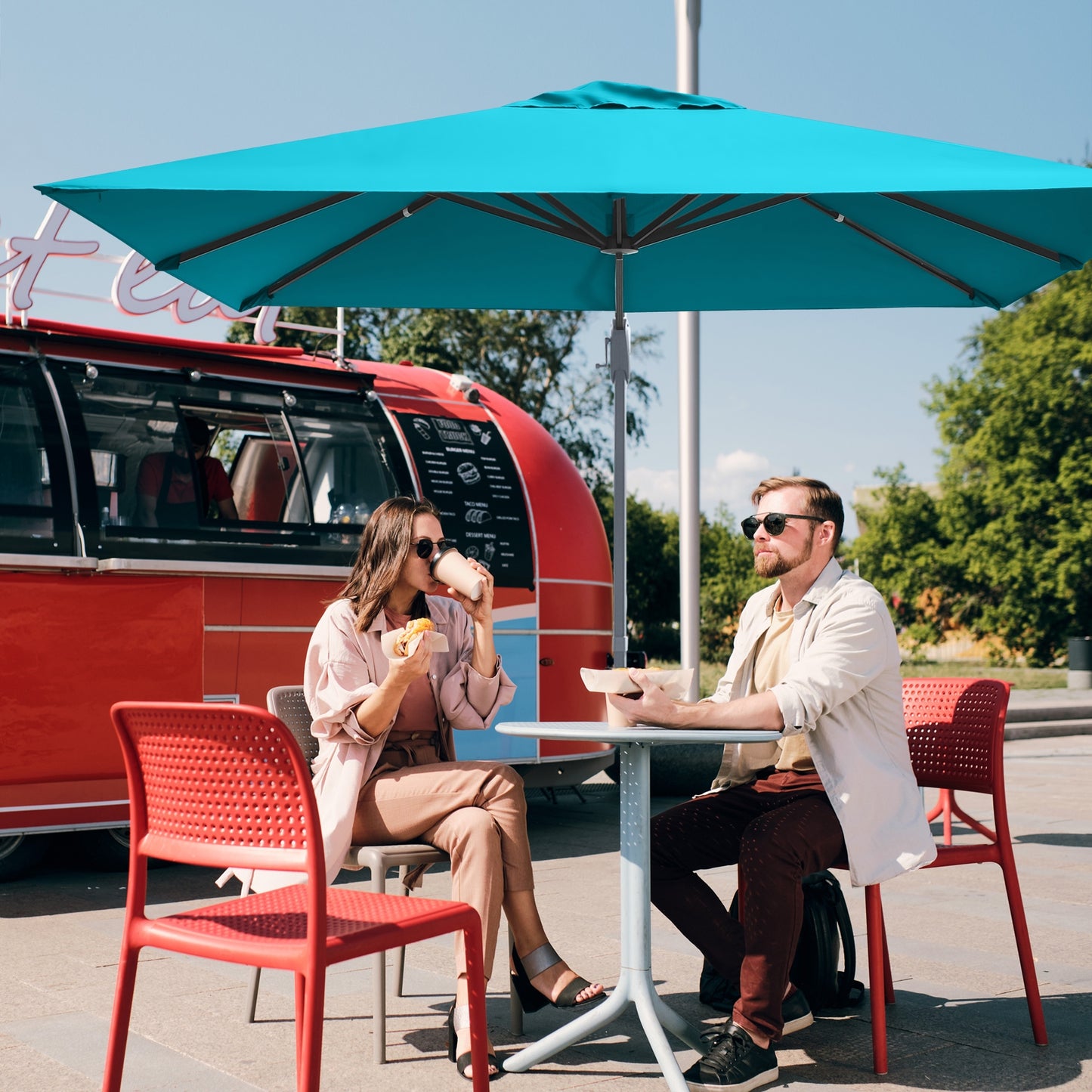 10 x 10 Feet Patio Offset Cantilever Umbrella with Aluminum 360-degree Rotation Tilt-Turquoise