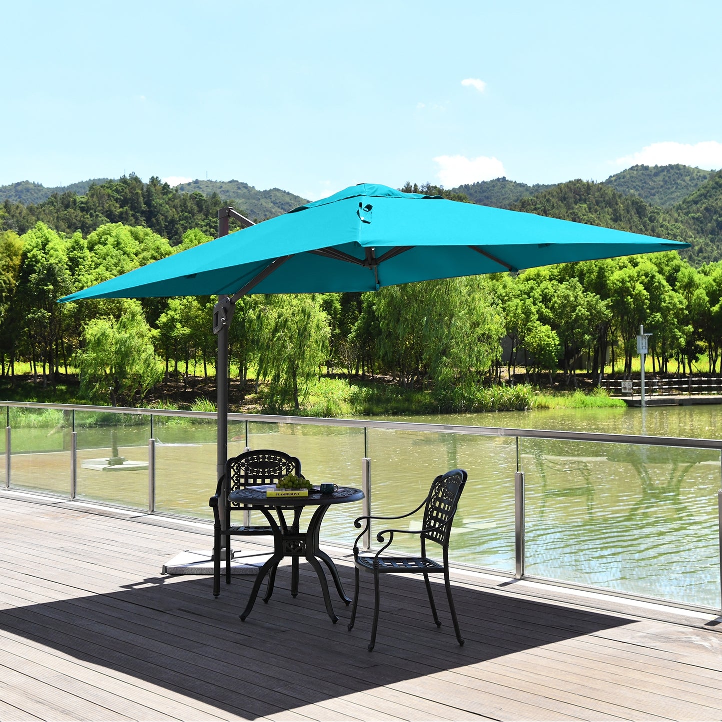 10 x 10 Feet Patio Offset Cantilever Umbrella with Aluminum 360-degree Rotation Tilt-Turquoise