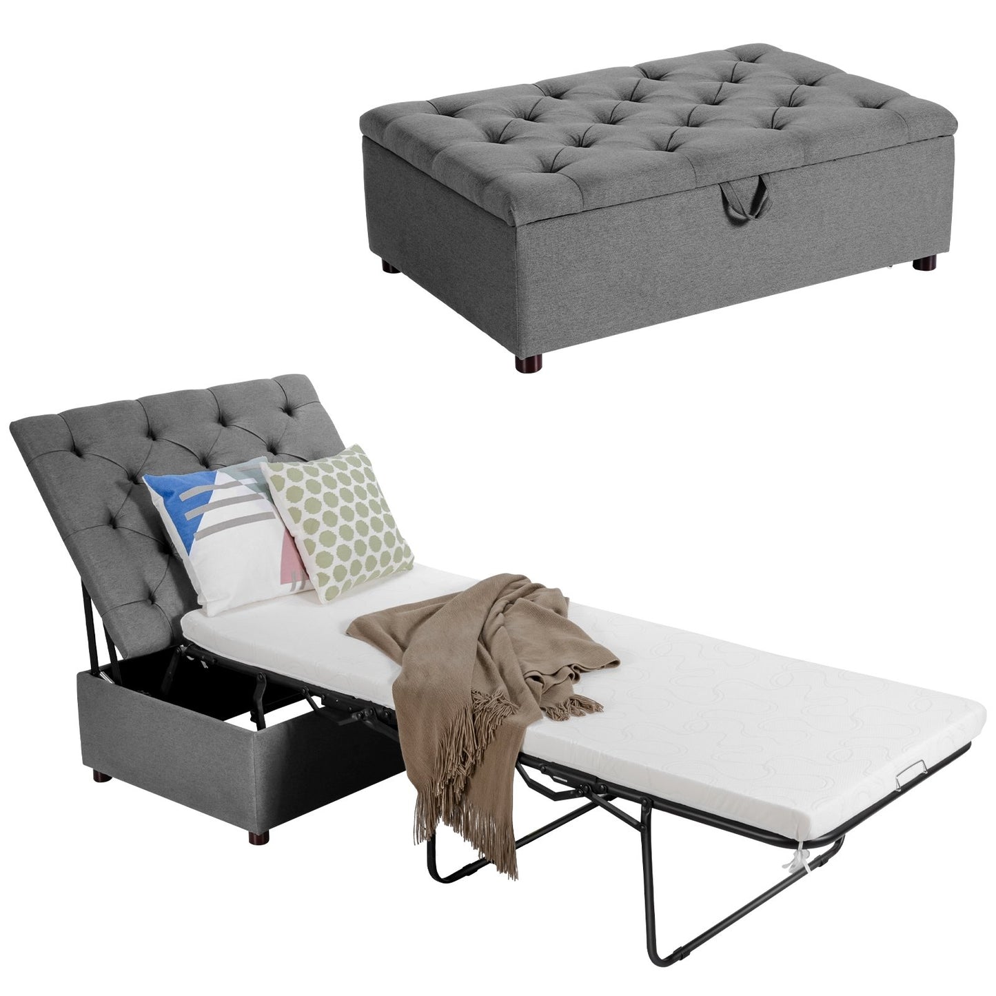 Folding Ottoman Sleeper Bed with Mattress for Guest Bed and Office Nap-Blue