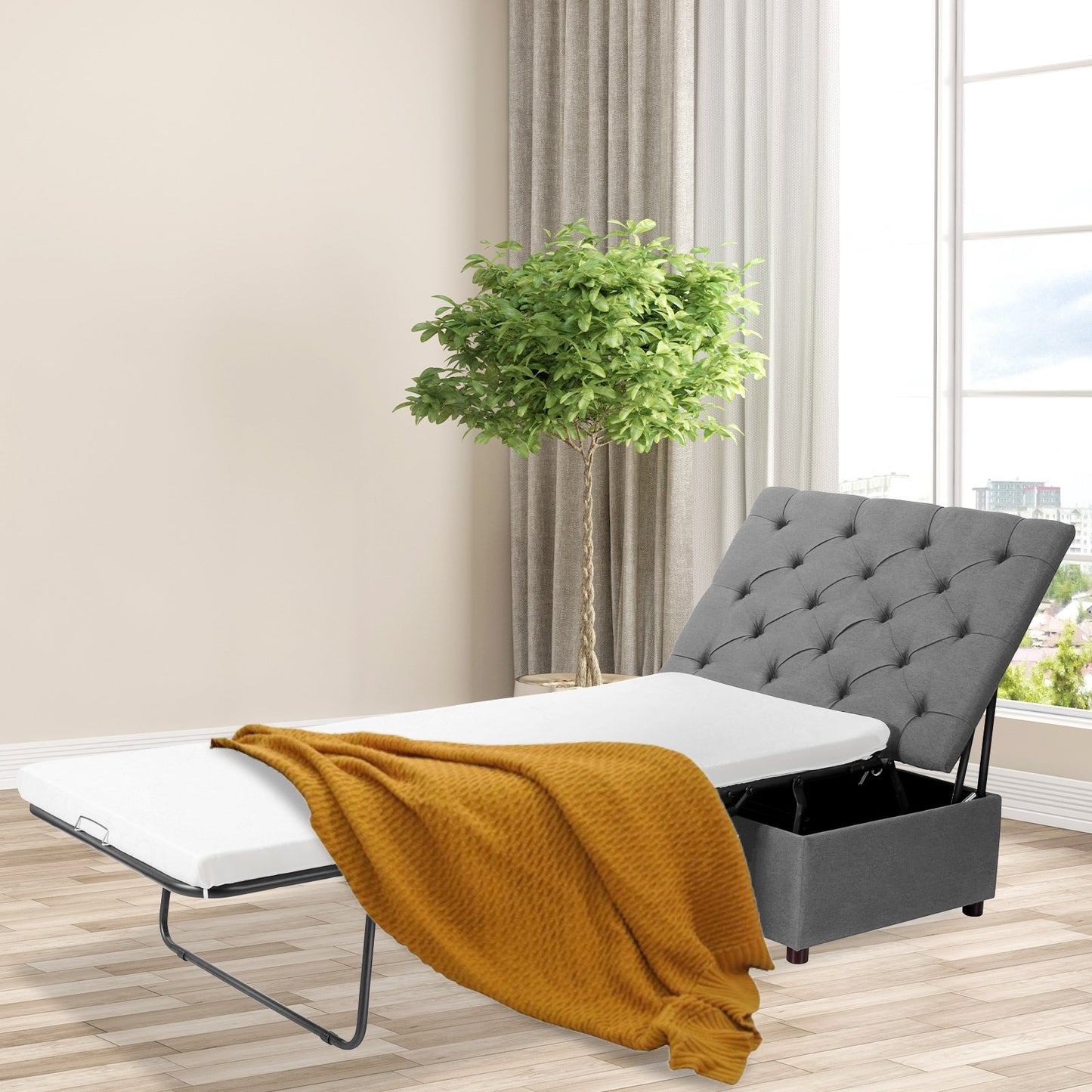 Folding Ottoman Sleeper Bed with Mattress for Guest Bed and Office Nap-Blue