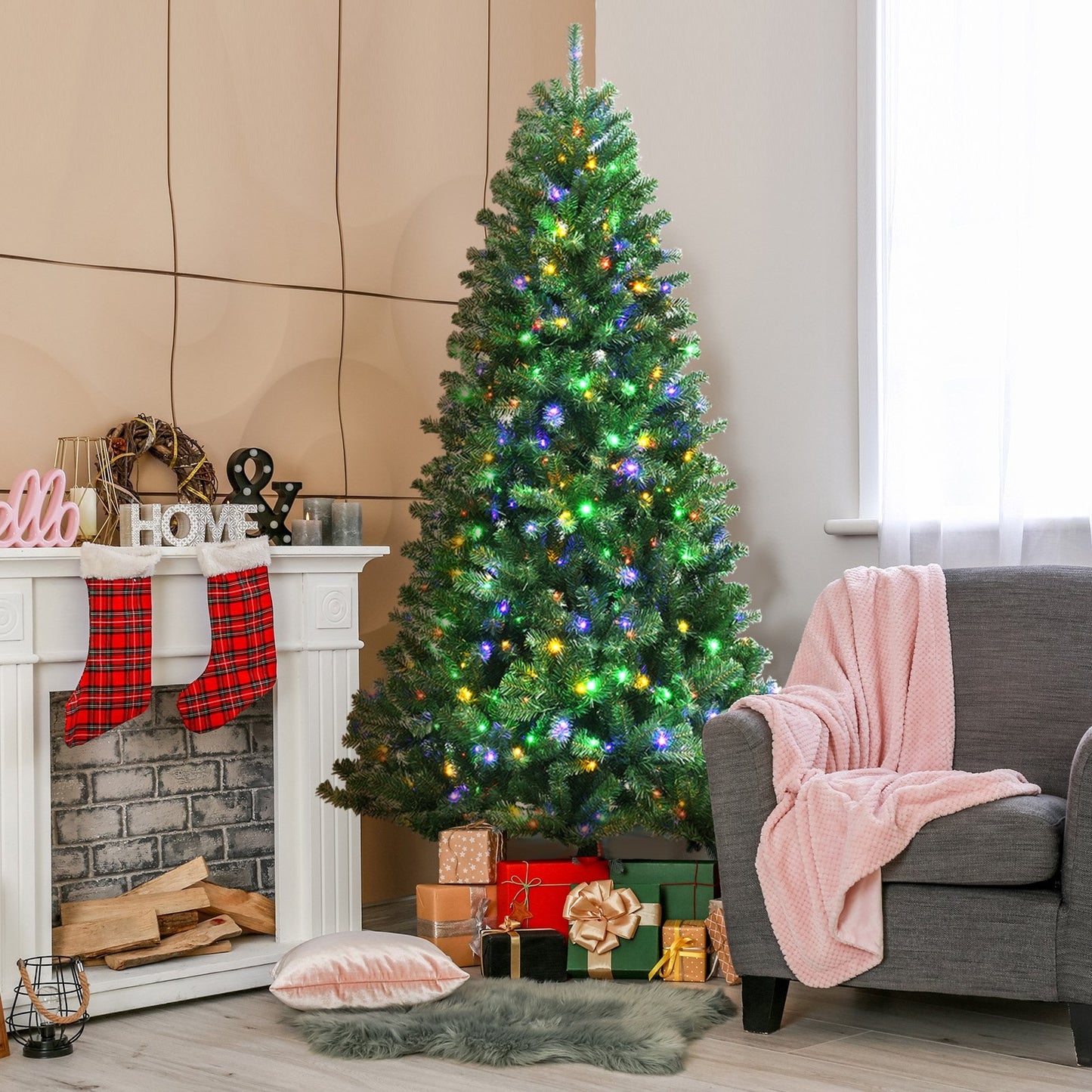 Artificial Hinged Christmas Tree with Remote-controlled Color-changing LED Lights-7'