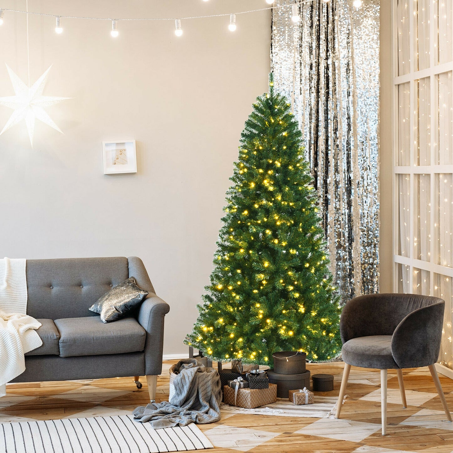 Artificial Hinged Christmas Tree with Remote-controlled Color-changing LED Lights-7'