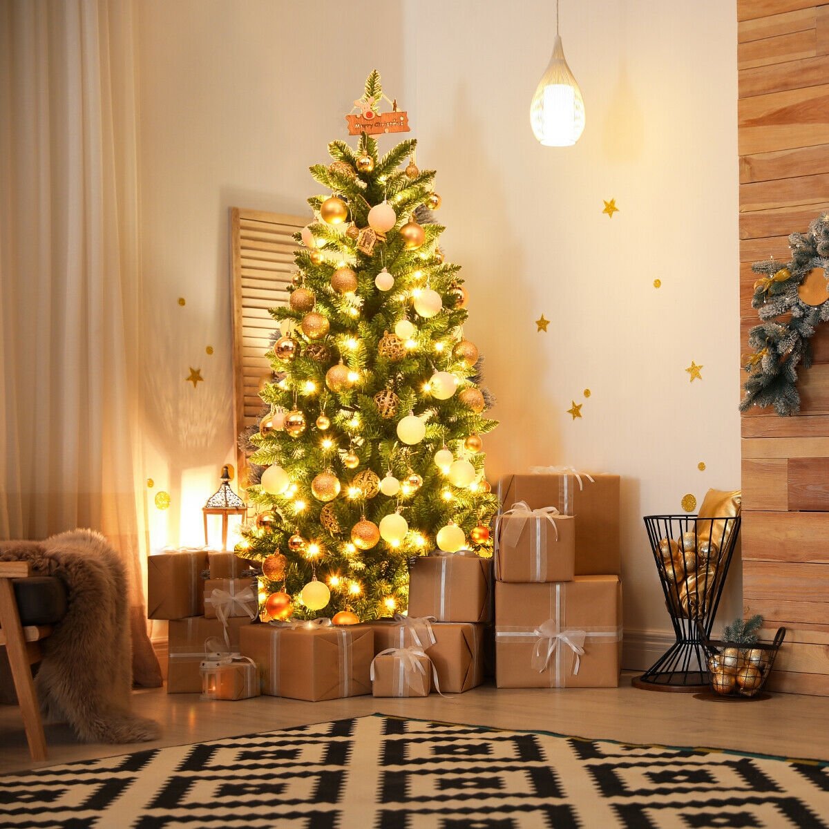 7 Feet PVC Hinged Pre-lit Artificial Fir Pencil Christmas Tree with 150 Lights-7 ft