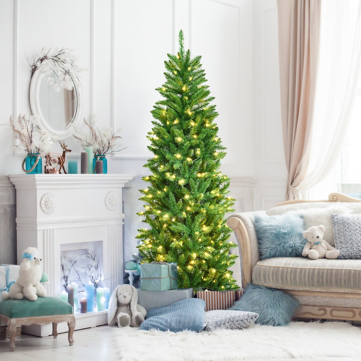 7 Feet PVC Hinged Pre-lit Artificial Fir Pencil Christmas Tree with 150 Lights-7 ft