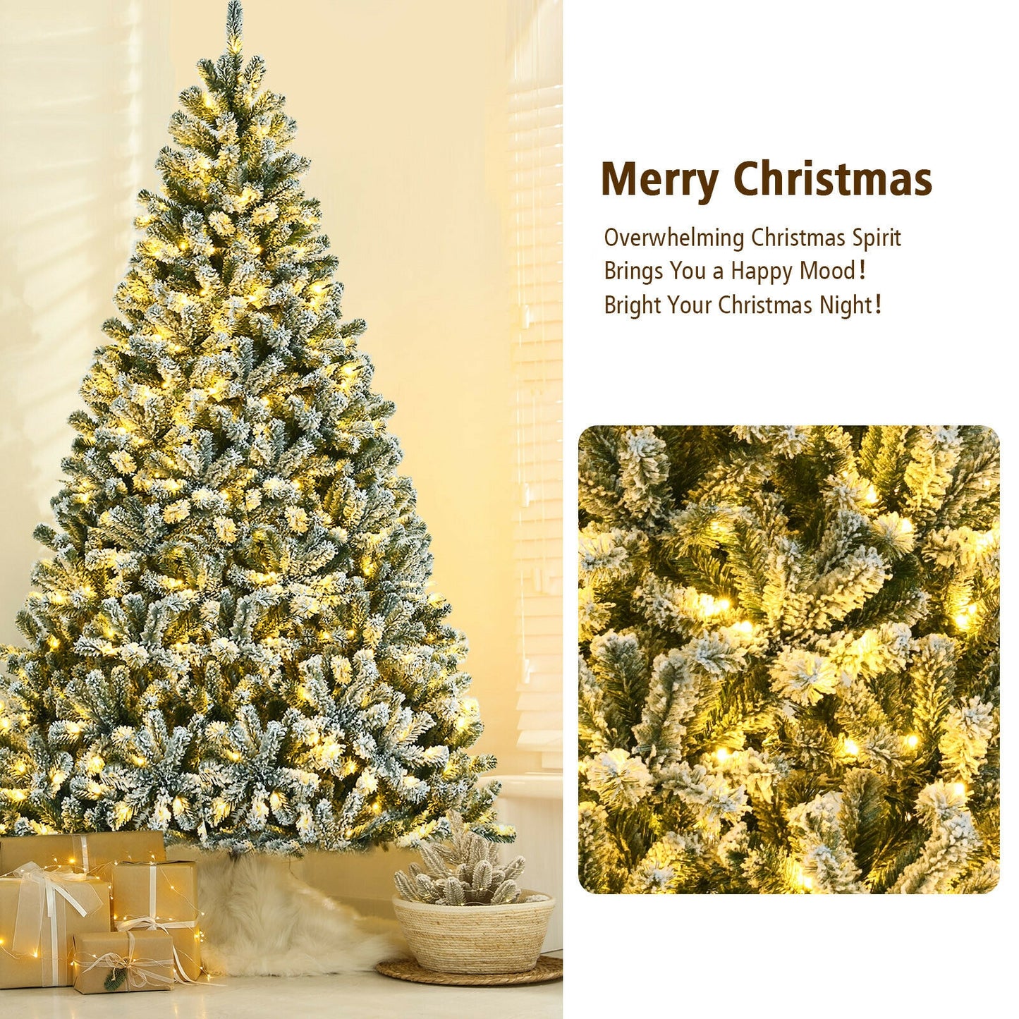 6 Feet Pre-lit Snow Flocked Hinged Christmas Tree with 928 Tips and Metal Stand-6 ft