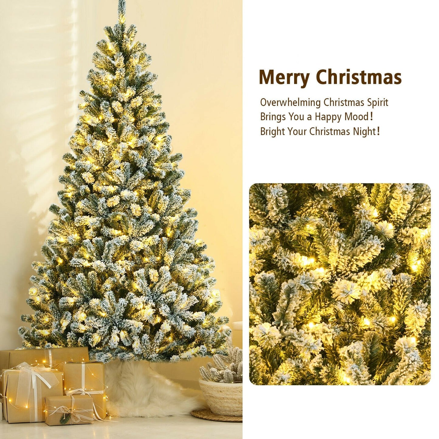 6 Feet Pre-lit Snow Flocked Hinged Christmas Tree with 928 Tips and Metal Stand-6 ft