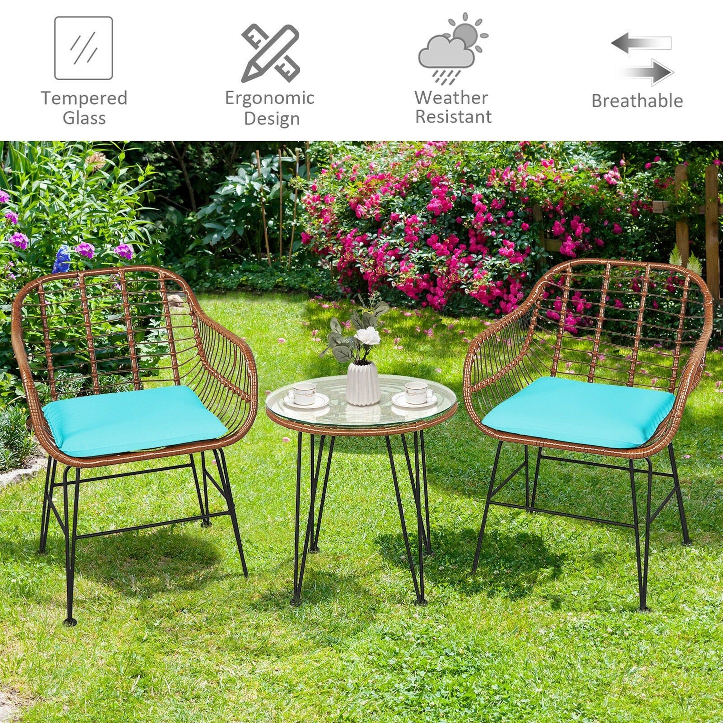 3 Pieces Patio Rattan Bistro Set with Cushion-Black