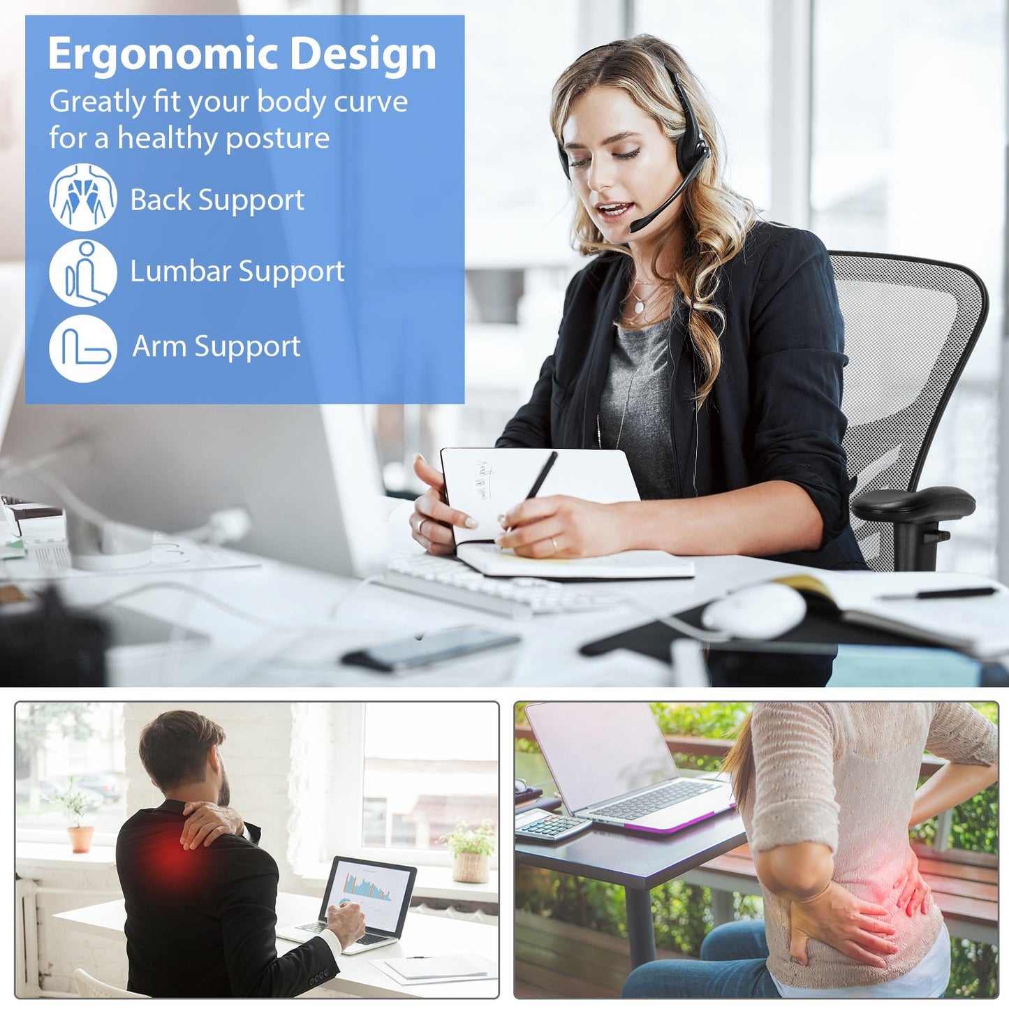 Mesh Drafting Chair Office Chair with Adjustable Armrests and Foot-Ring-Black