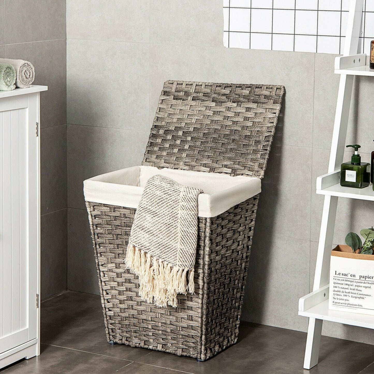 Foldable Handwoven Laundry Hamper with Removable Liner-Brown