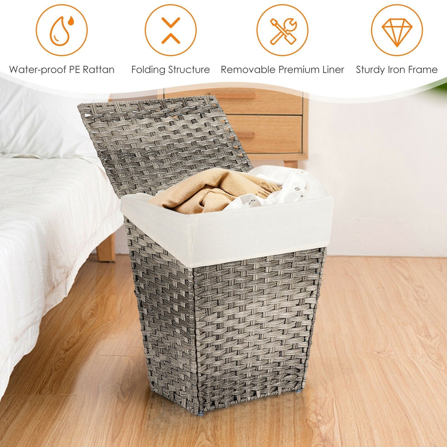 Foldable Handwoven Laundry Hamper with Removable Liner-Brown