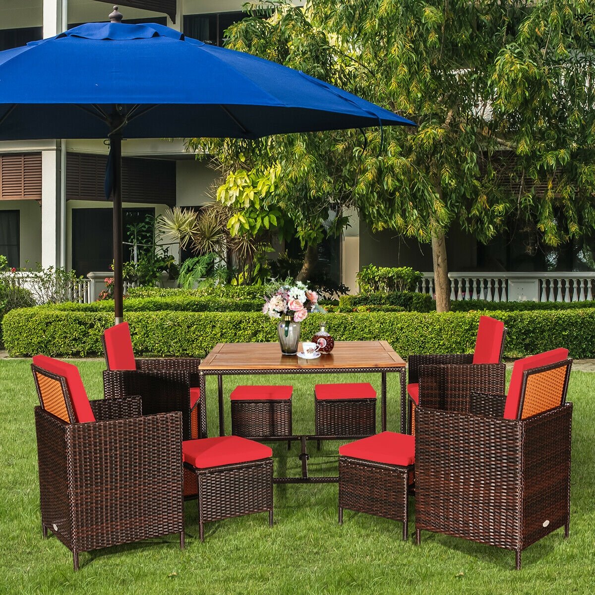 9 Pieces Patio Rattan Dining Cushioned Chairs Set-Black