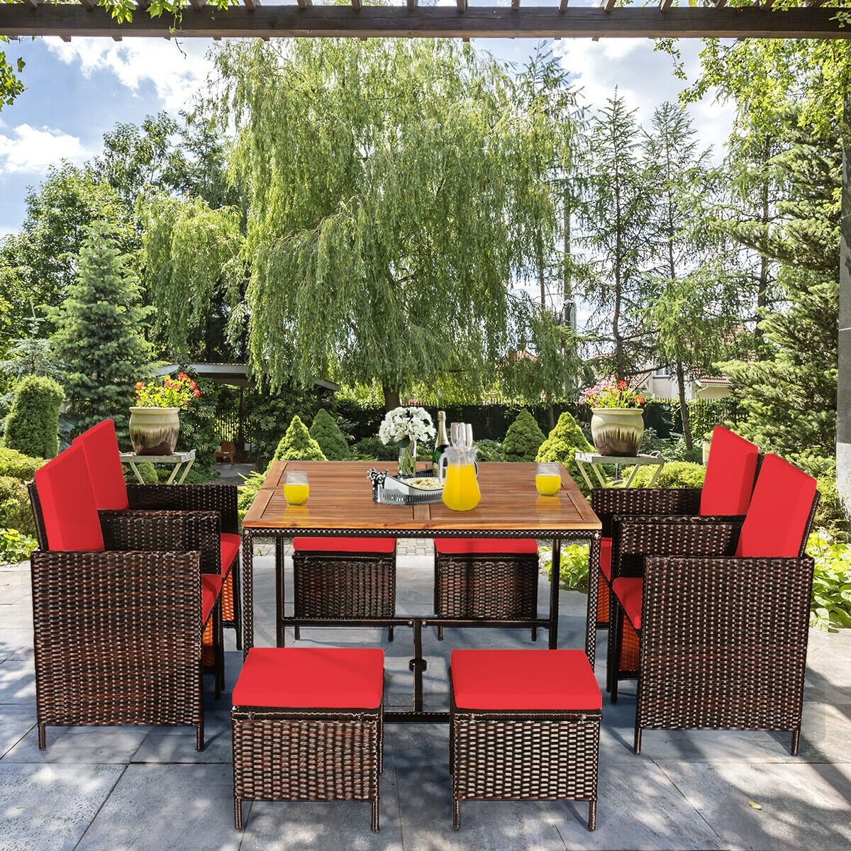 9 Pieces Patio Rattan Dining Cushioned Chairs Set-Black