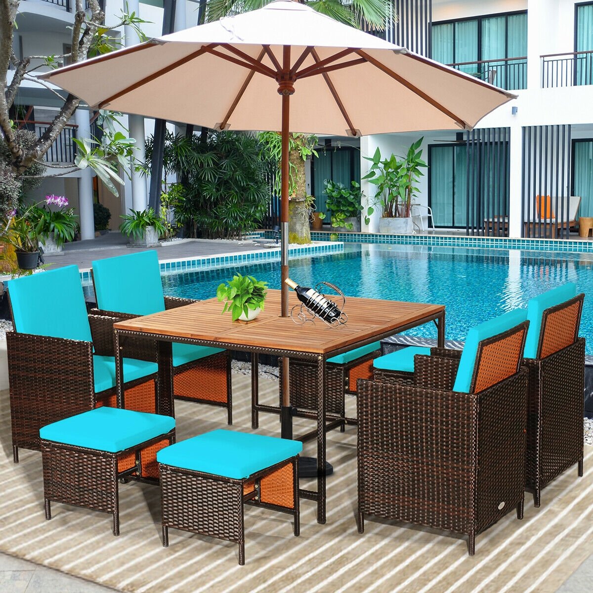9 Pieces Patio Rattan Dining Cushioned Chairs Set-Black