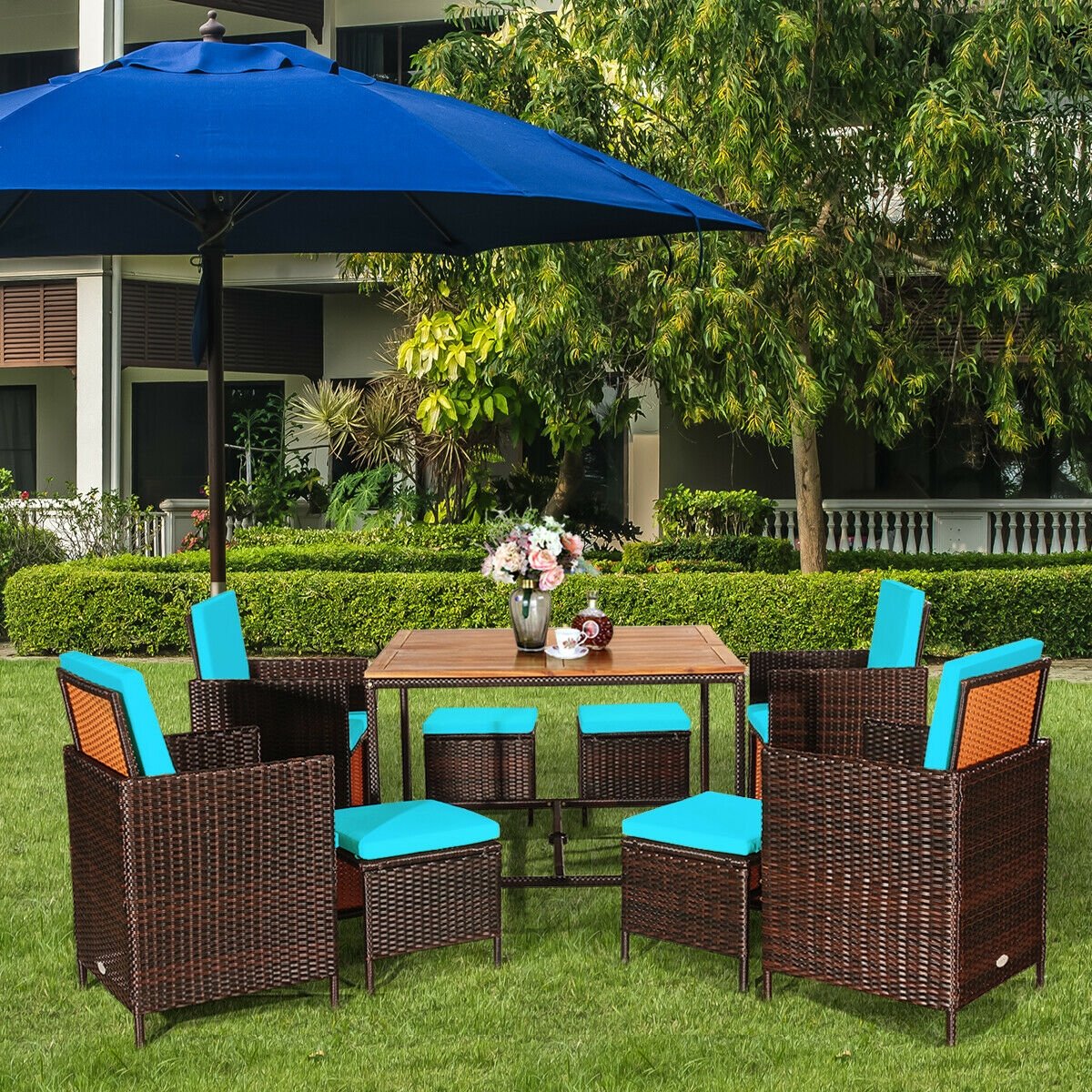9 Pieces Patio Rattan Dining Cushioned Chairs Set-Black