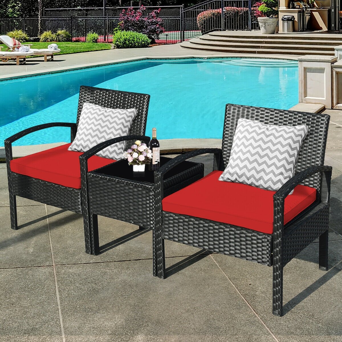 3 Pieces Outdoor Rattan Patio Conversation Set with Seat Cushions-Gray