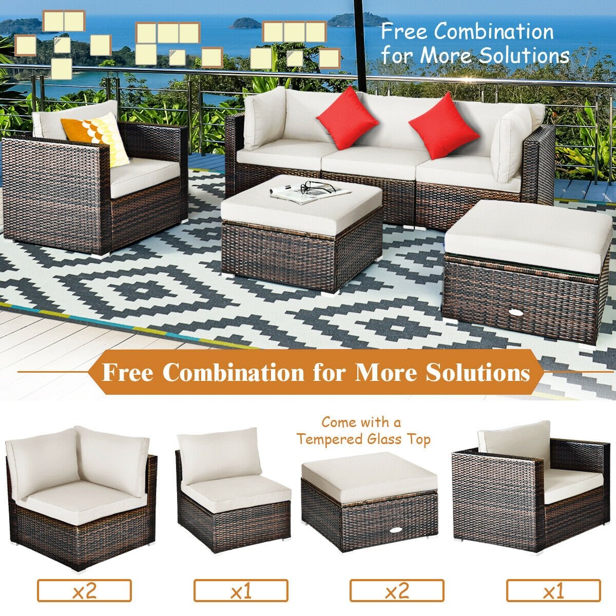 6 Pieces Patio Rattan Furniture Set with Sectional Cushion-Black