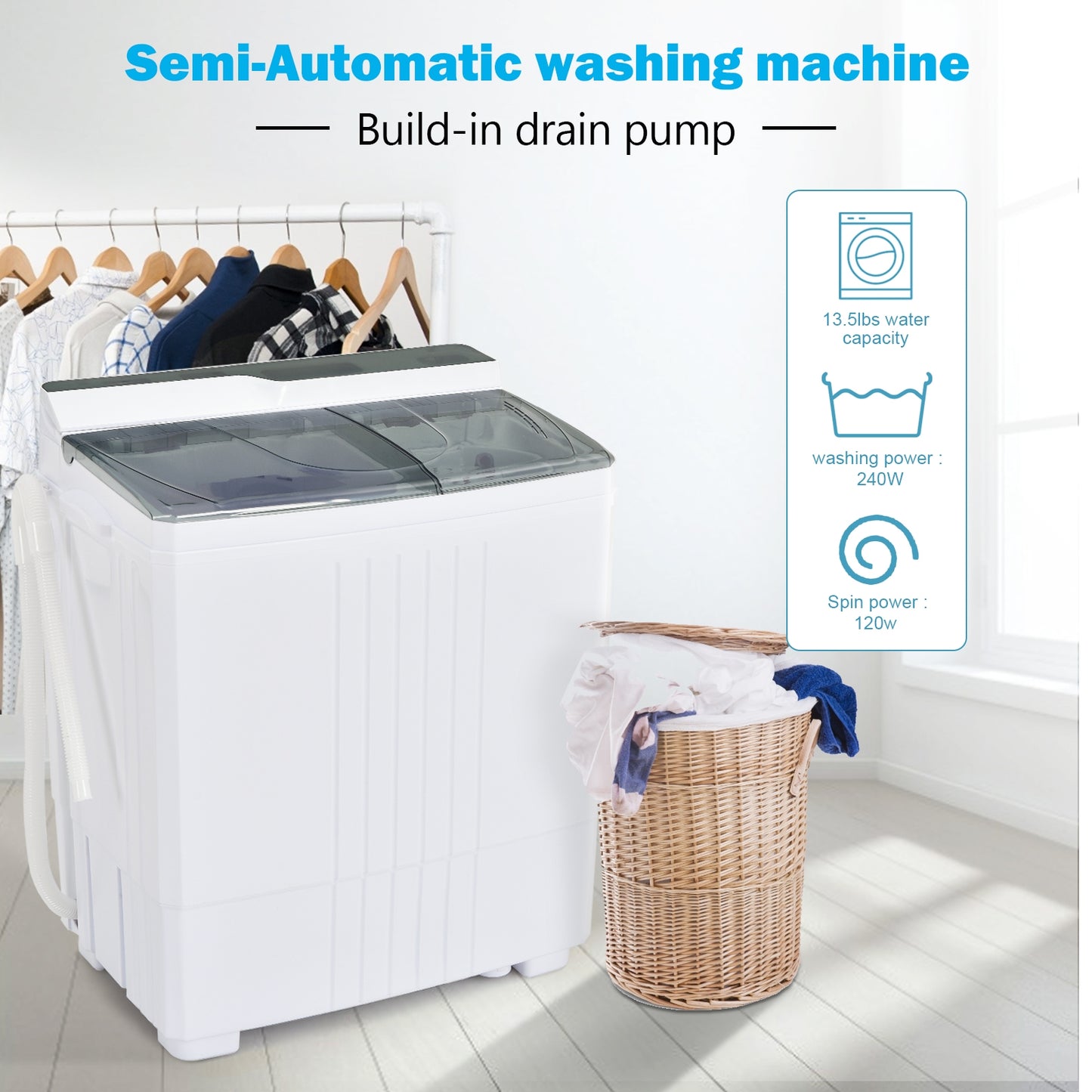 Twin Tub Portable Washing Machine with Timer Control and Drain Pump for Apartment-Gray