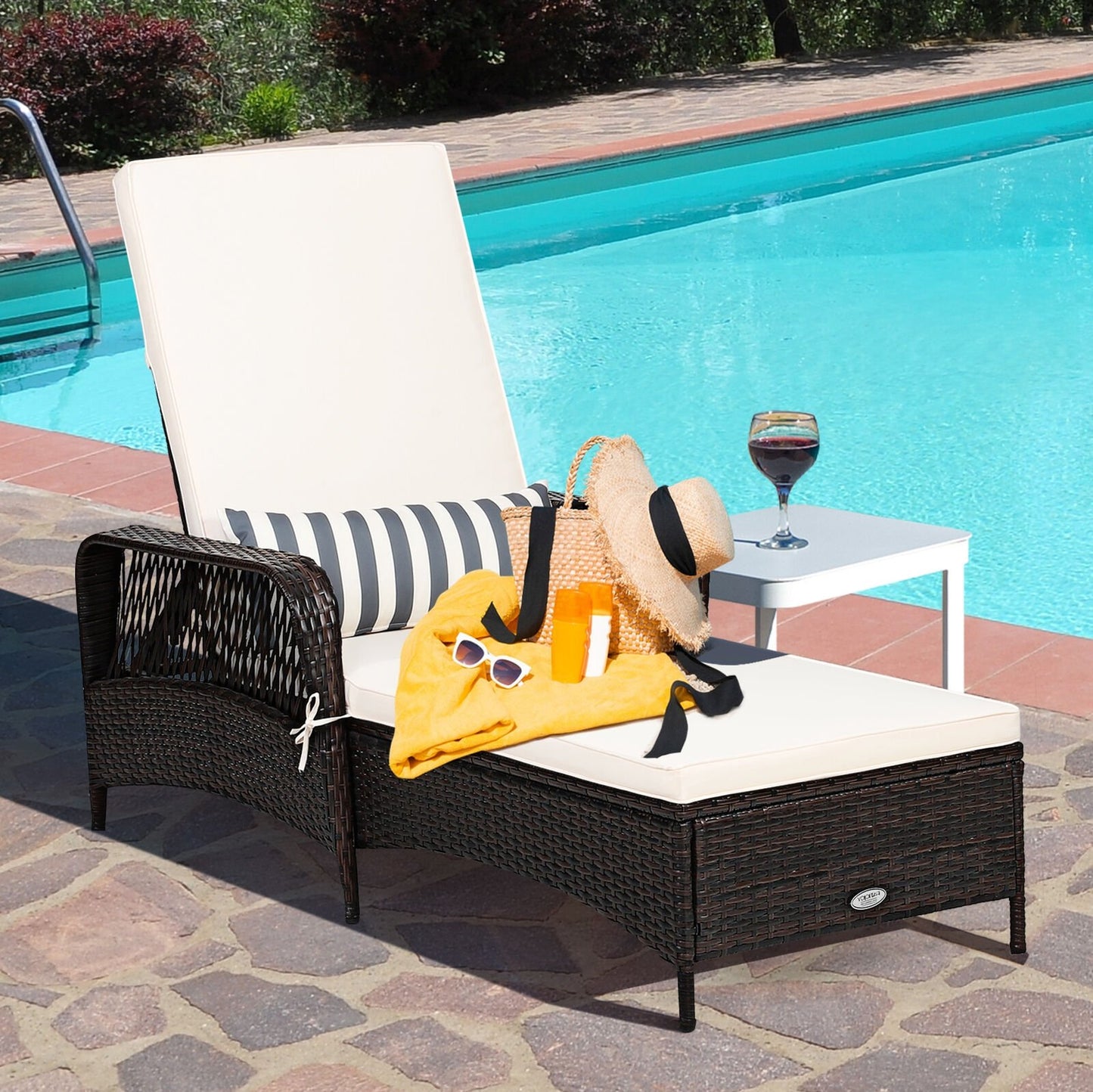 PE Rattan Armrest Chaise Lounge Chair with Adjustable Pillow
