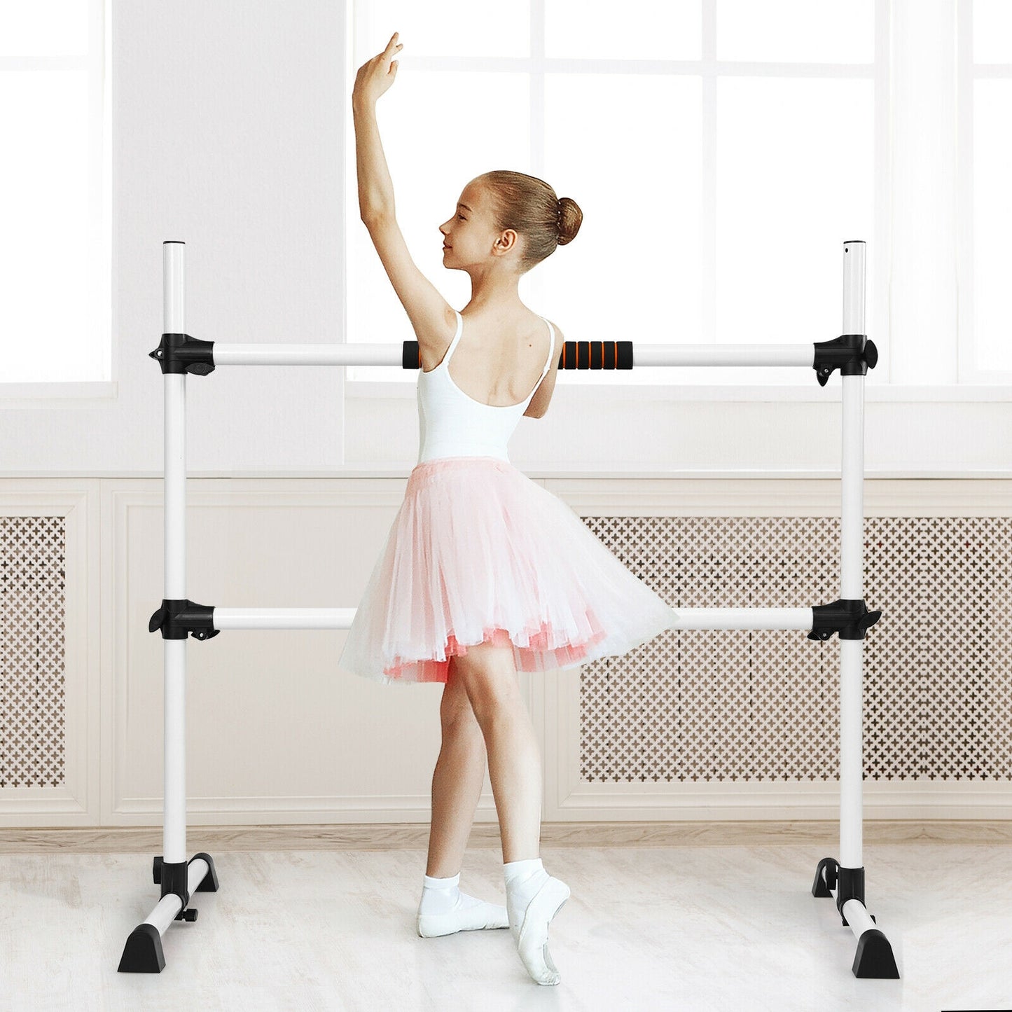 4 Feet Portable Freestanding Stable Construction Pilates Ballet Barre with Double Dance Bar-Gray