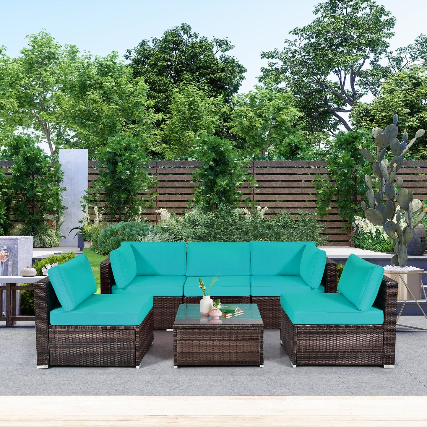 6 Pieces Patio Rattan Furniture Set with Cushions and Glass Coffee Table-Black