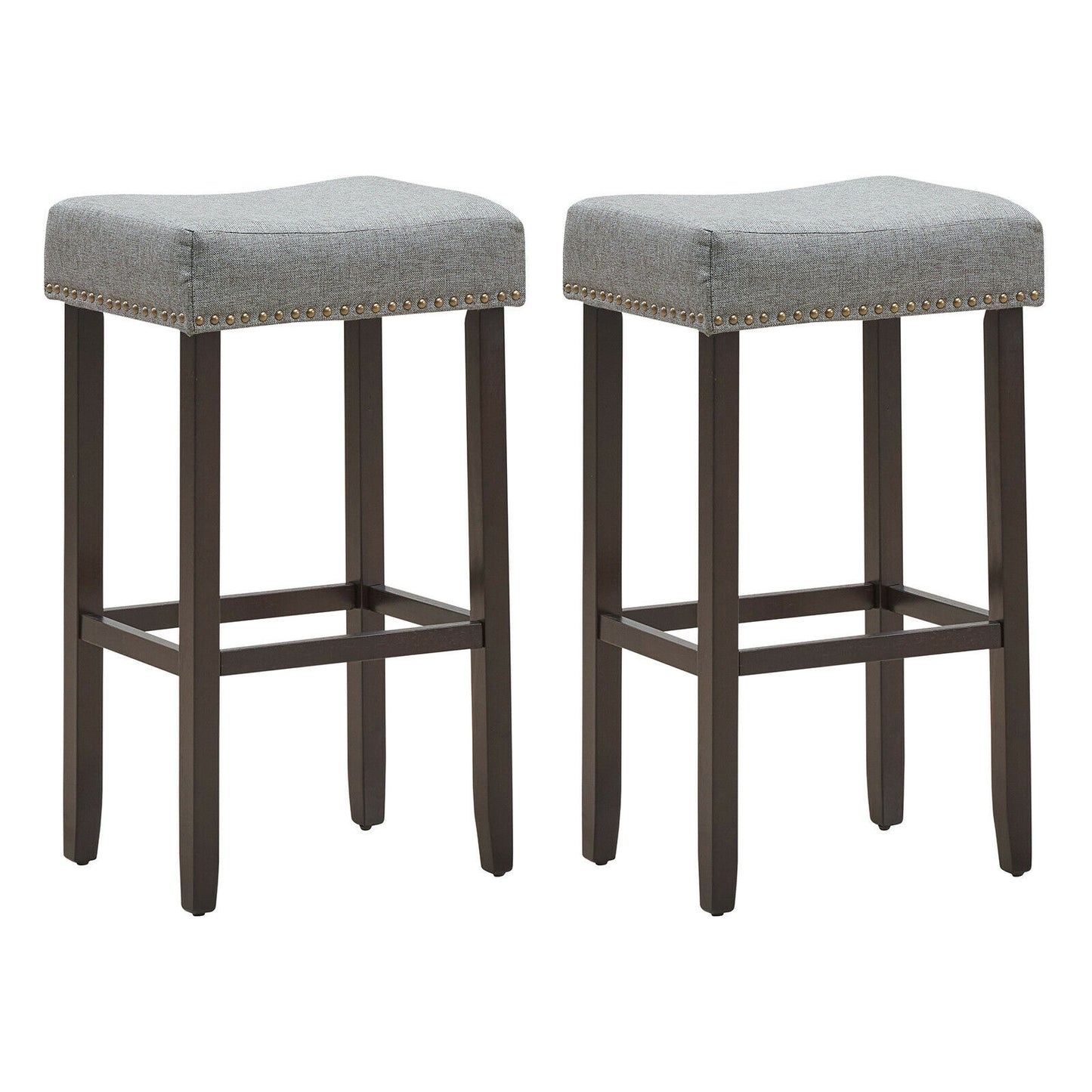 Set of 2 Nailhead Saddle Bar Stools with 29 Inch Height-Gray