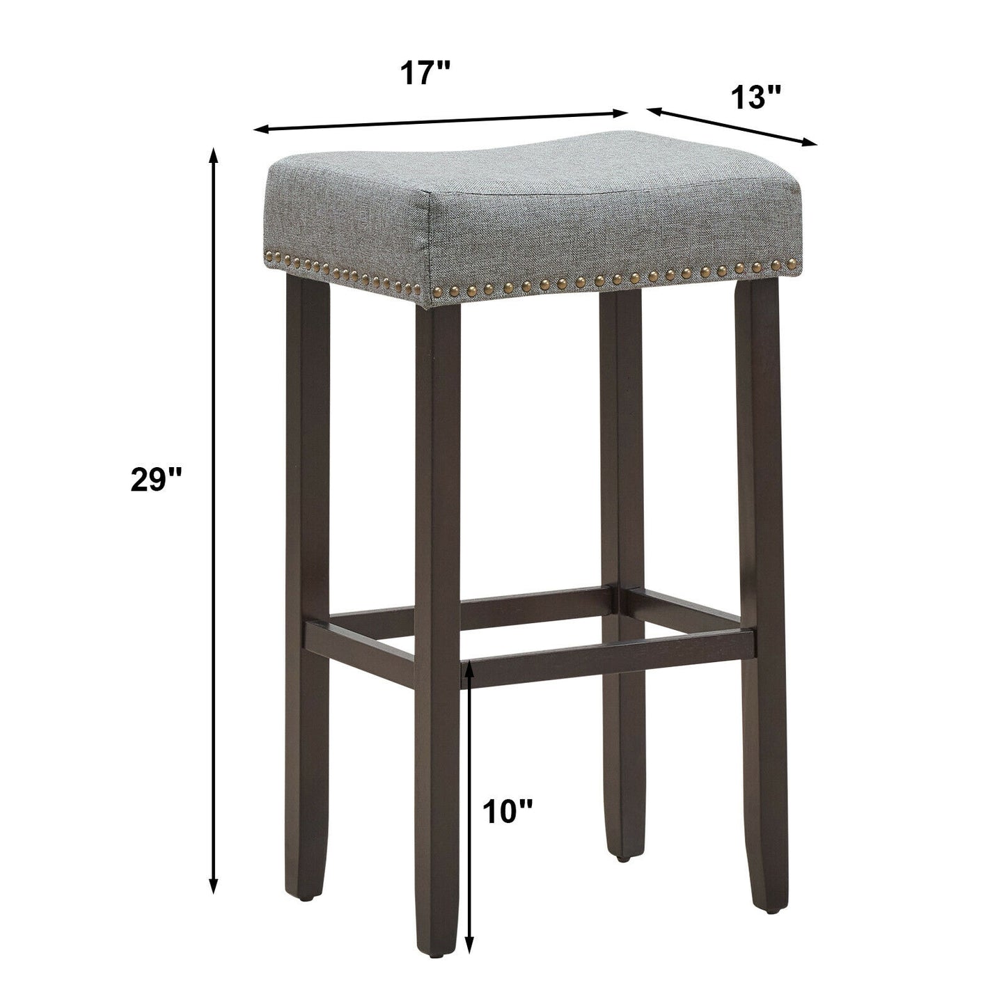 Set of 2 Nailhead Saddle Bar Stools with 29 Inch Height-Gray