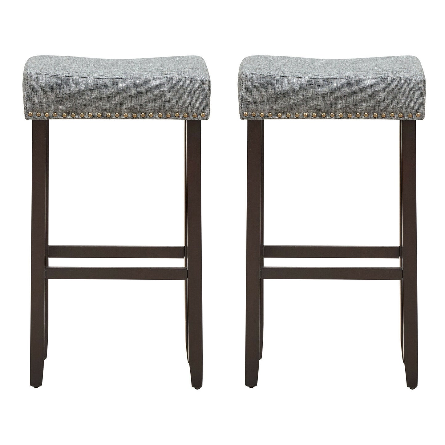 Set of 2 Nailhead Saddle Bar Stools with 29 Inch Height-Gray