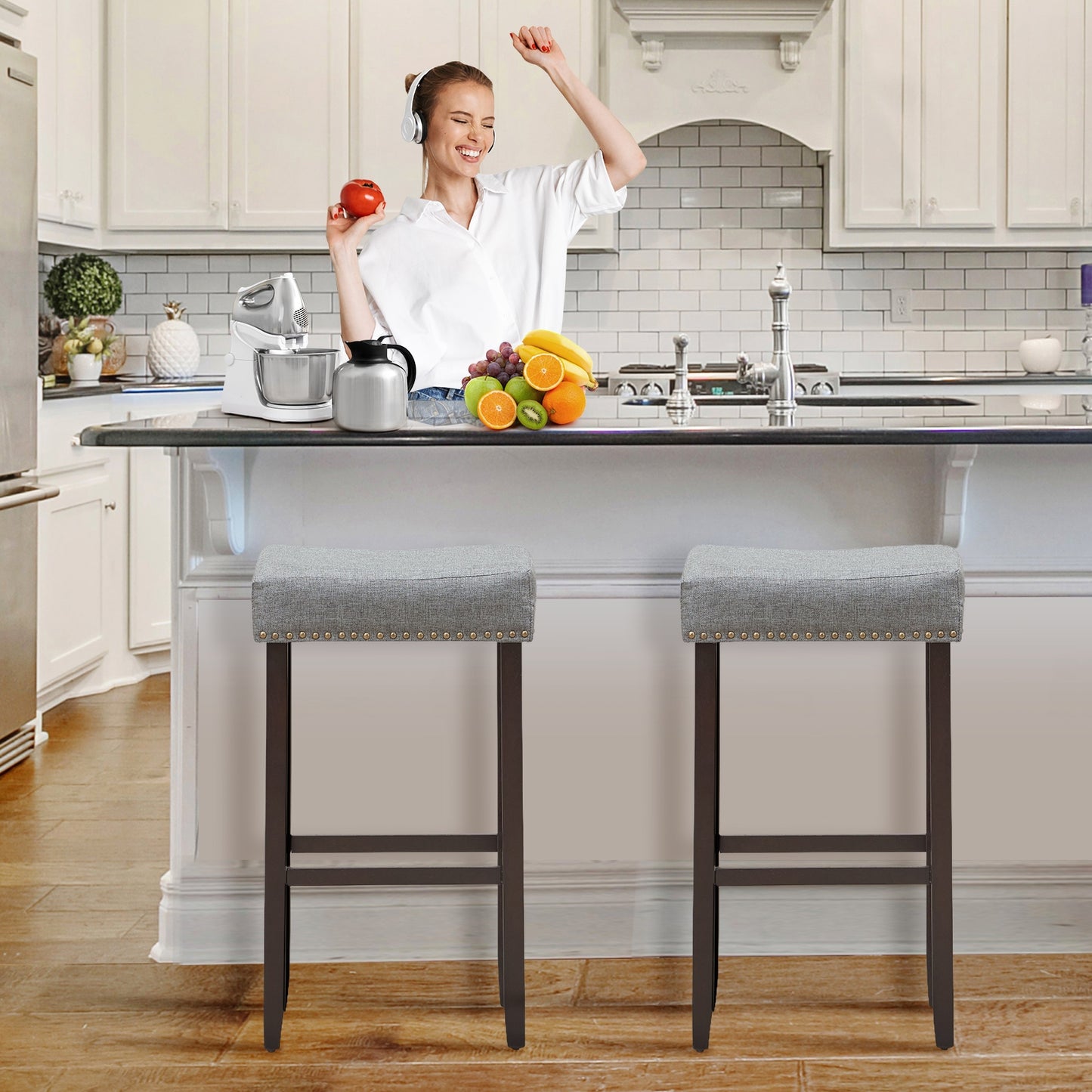 Set of 2 Nailhead Saddle Bar Stools with 29 Inch Height-Gray