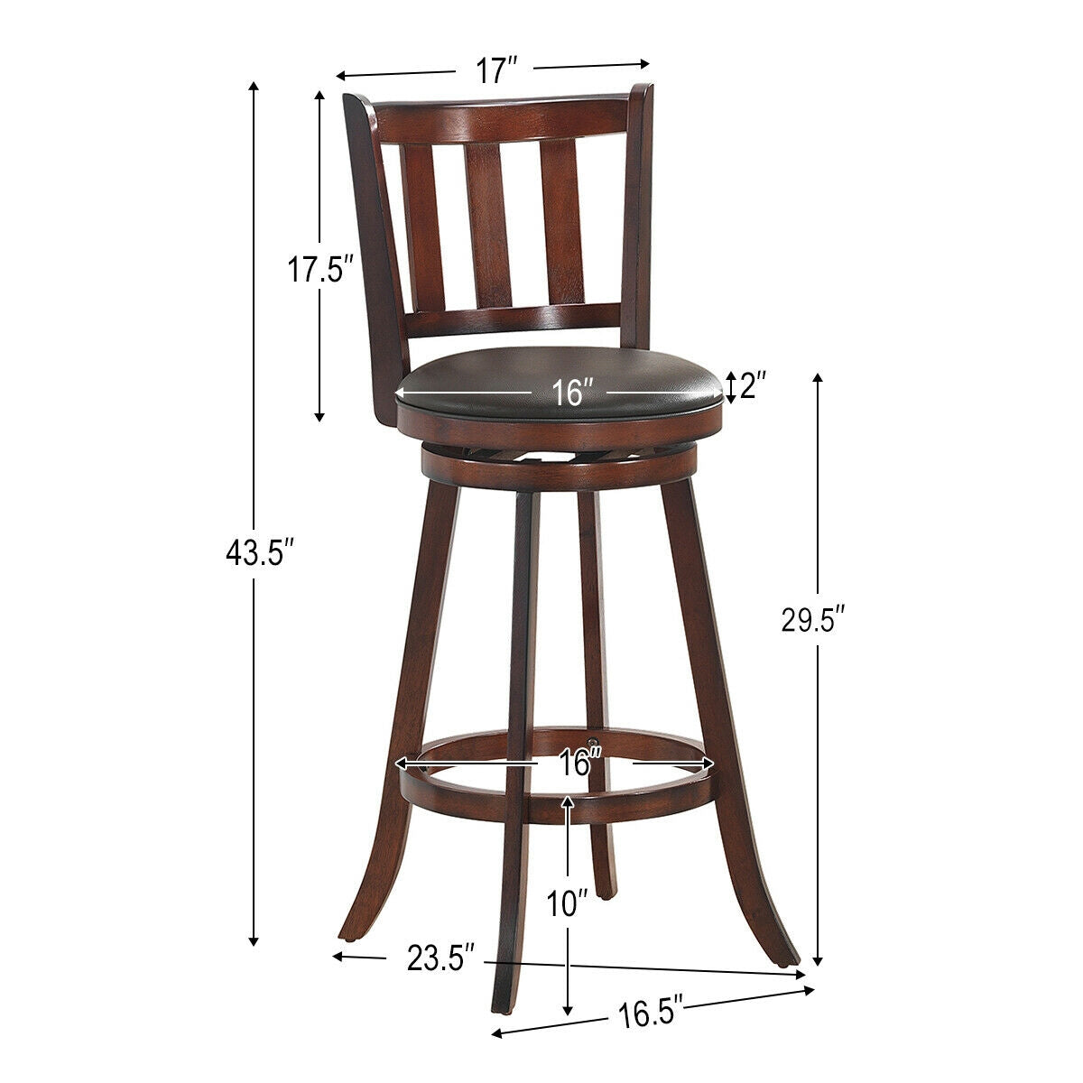 Set of 2 Wood Swivel Counter Height Dining Pub Bar Stools with PVC Cushioned Seat-29 Inch