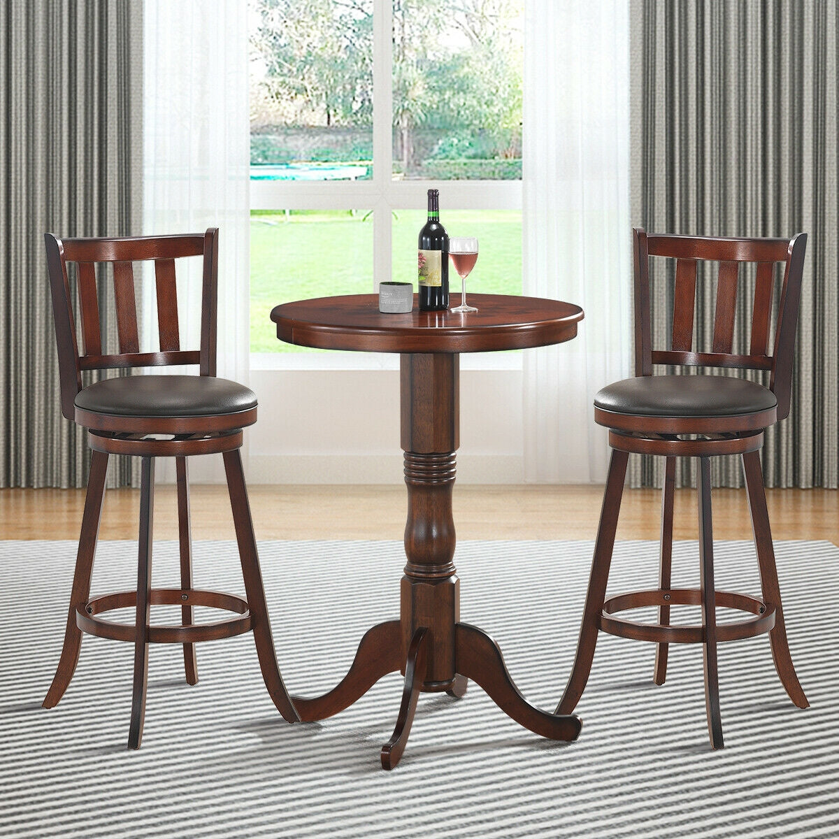 Set of 2 Wood Swivel Counter Height Dining Pub Bar Stools with PVC Cushioned Seat-29 Inch