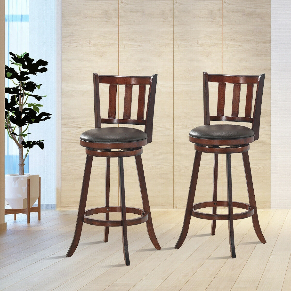 Set of 2 Wood Swivel Counter Height Dining Pub Bar Stools with PVC Cushioned Seat-29 Inch
