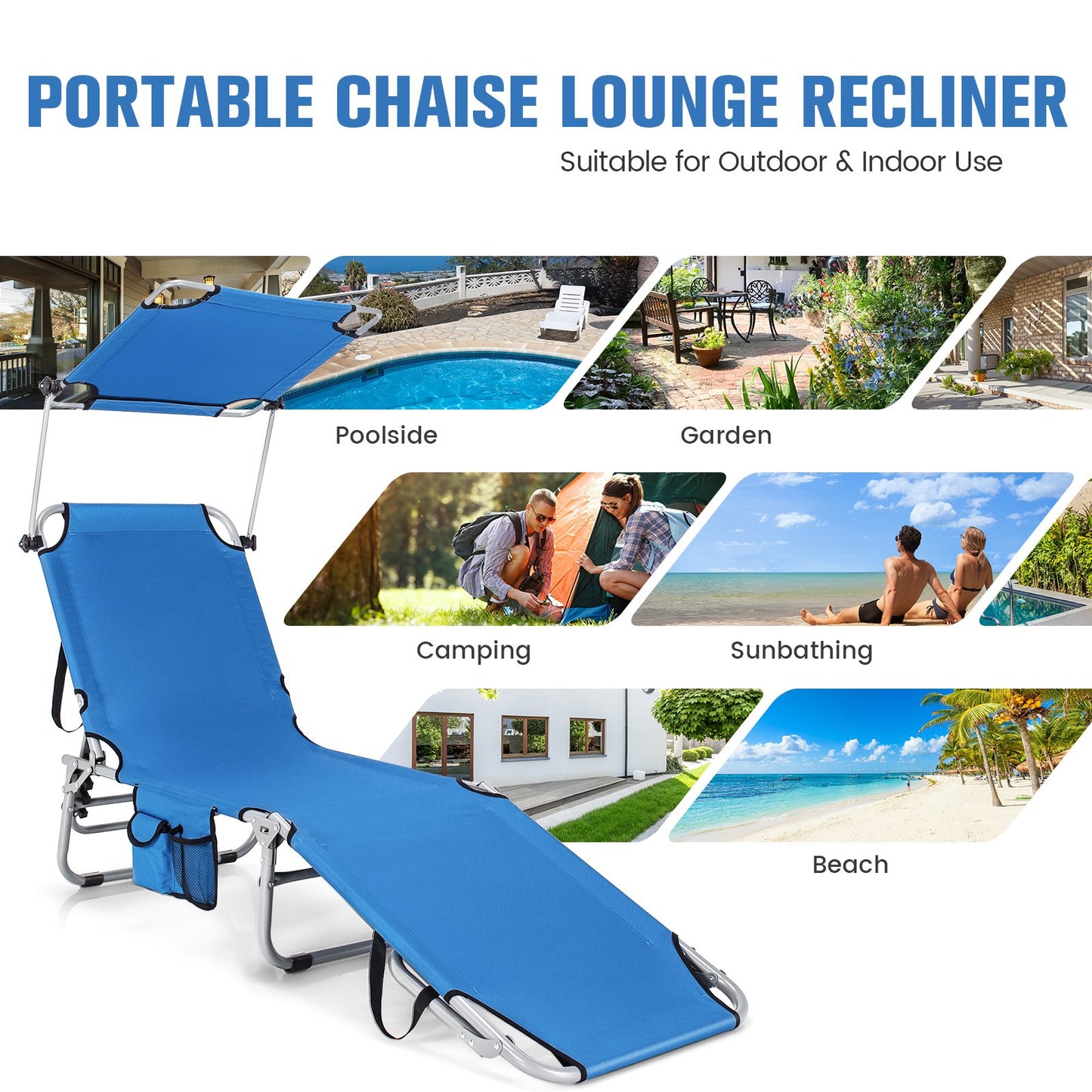 Adjustable Outdoor Beach Patio Pool Recliner with Sun Shade