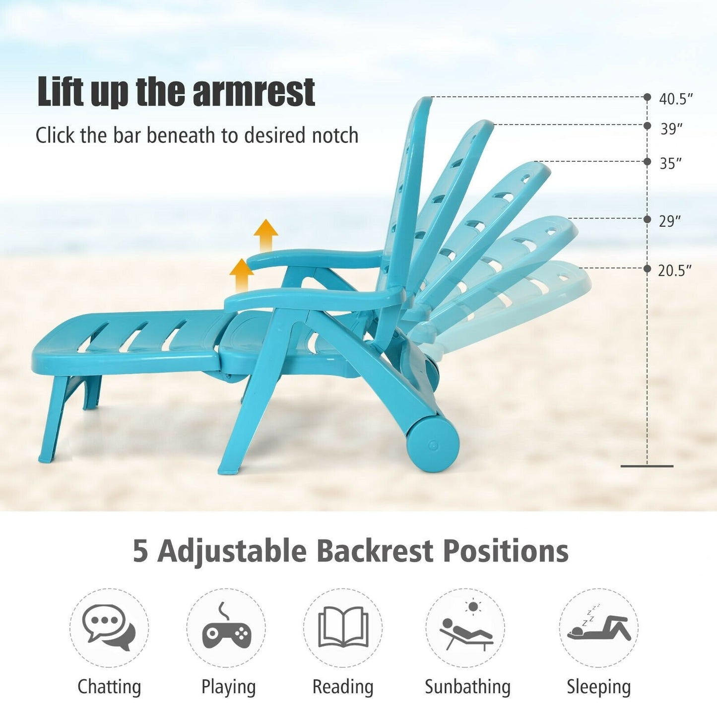 5 Position Adjustable Folding Lounger Chaise Chair-Gray