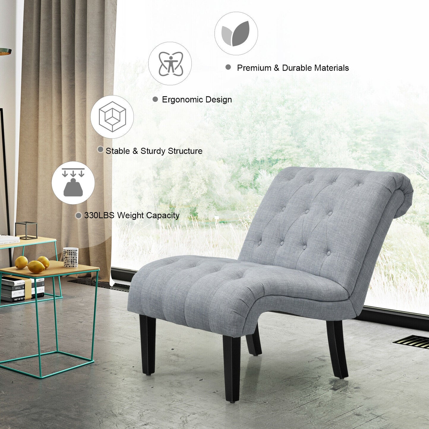 Cotton Linen Fabric Armless Accent Chair with Adjustable Foot Pads-Beige