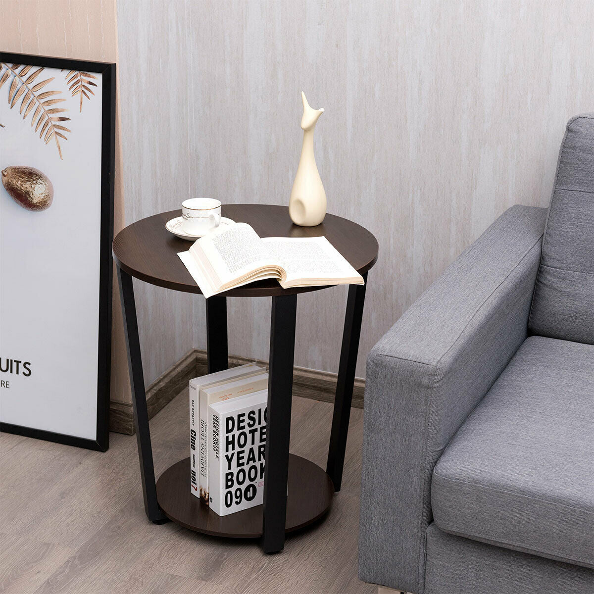 2-Tier Round End Table with Storage Shelf & Metal Frame-Walnut