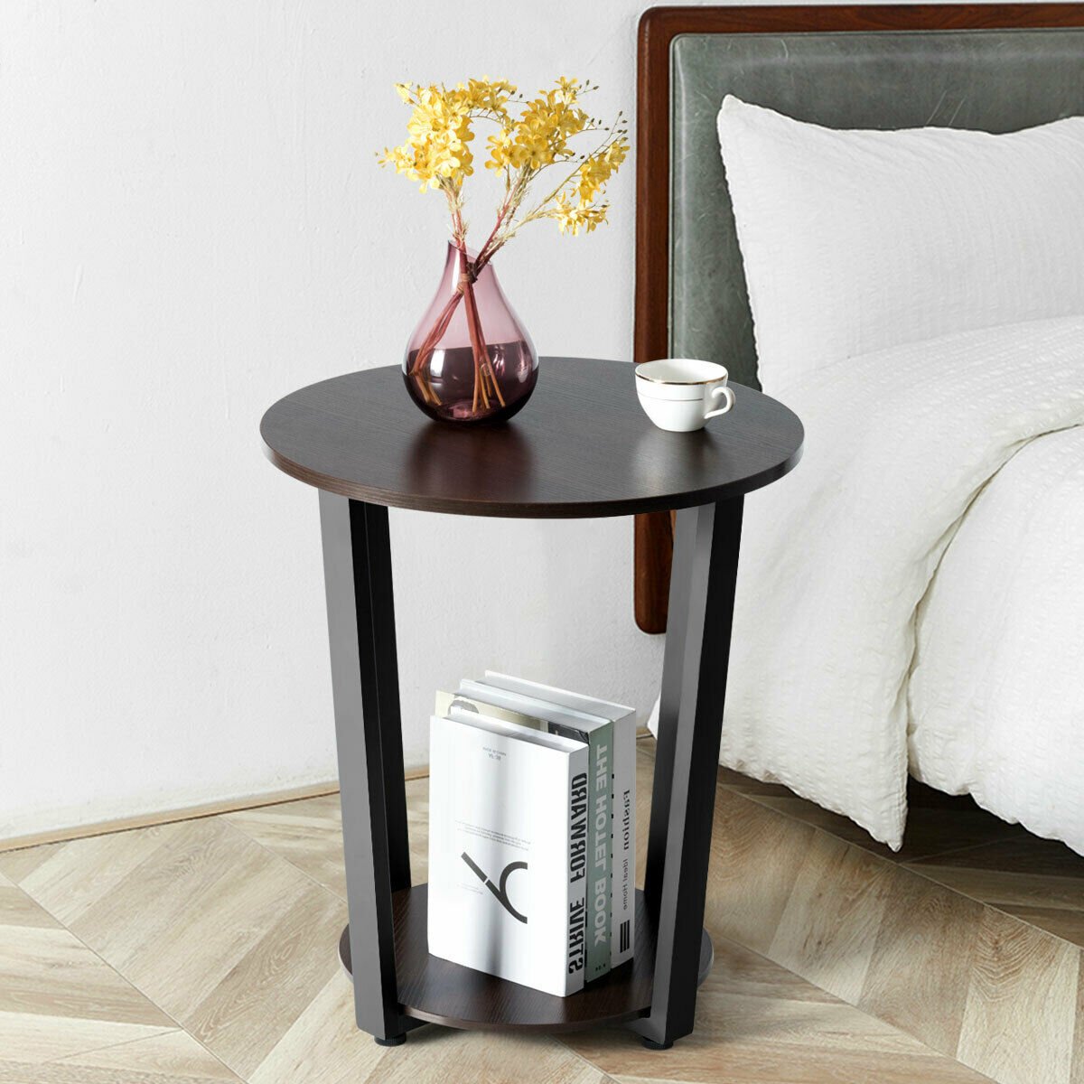 2-Tier Round End Table with Storage Shelf and Metal Frame-Brown