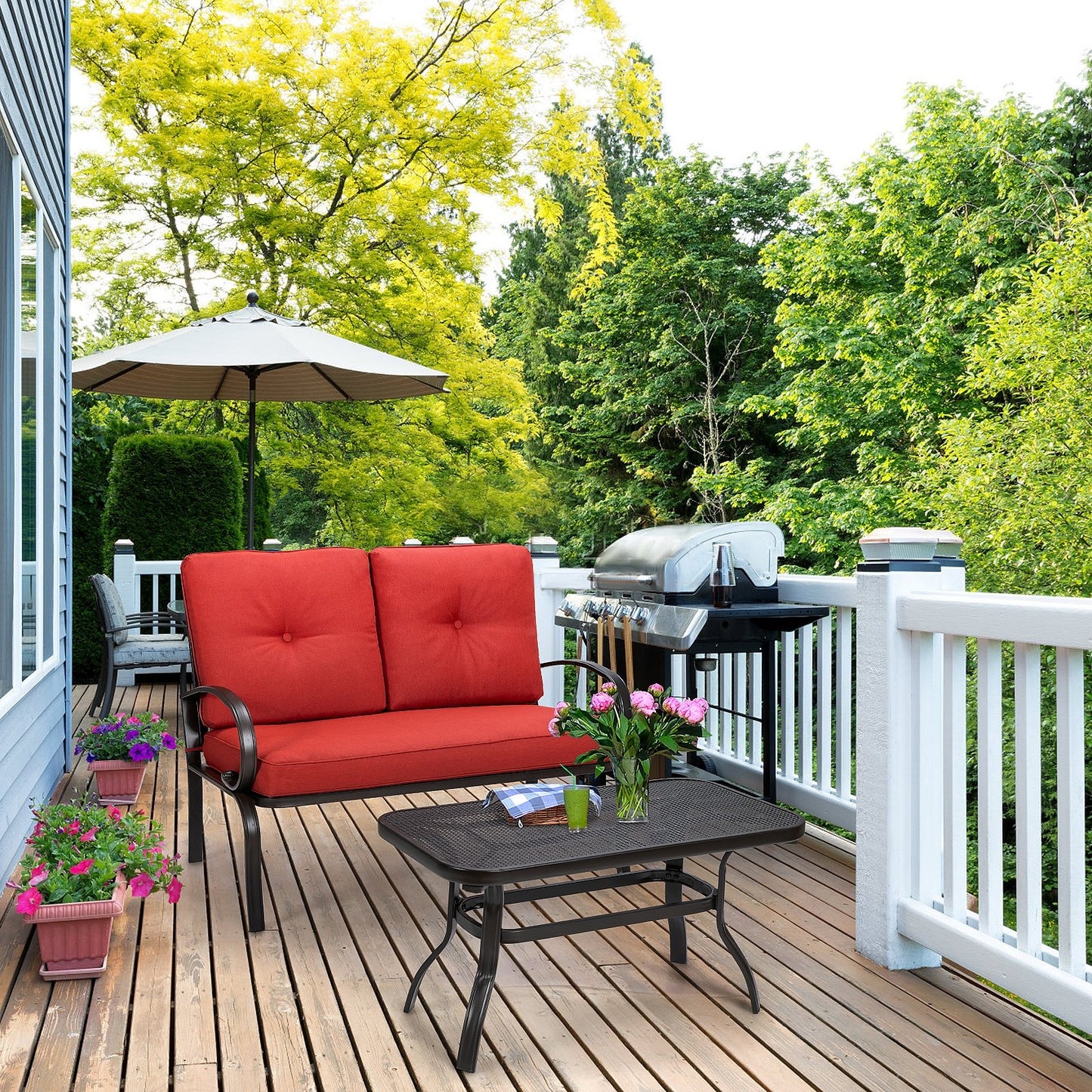2 Pieces Patio Outdoor Cushioned Coffee Table Seat-Beige