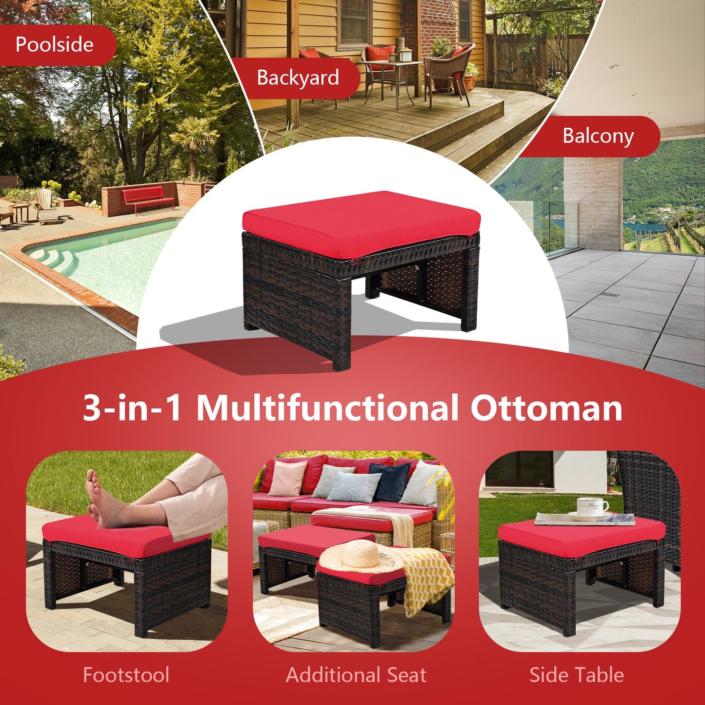 2 Pieces Patio Rattan Ottomans with Soft Cushion for Patio and Garden-Gray