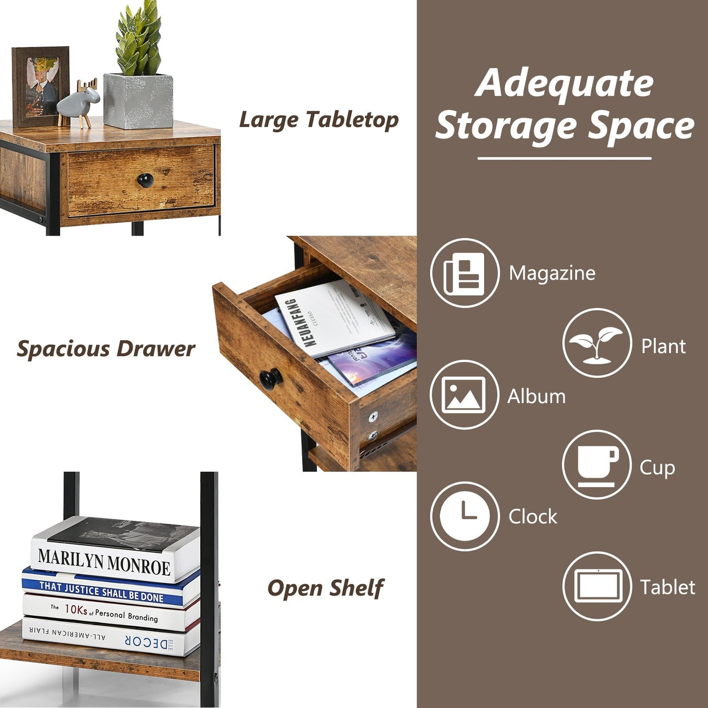 Industrial End Side Table Nightstand with Drawer Shelf-Natural
