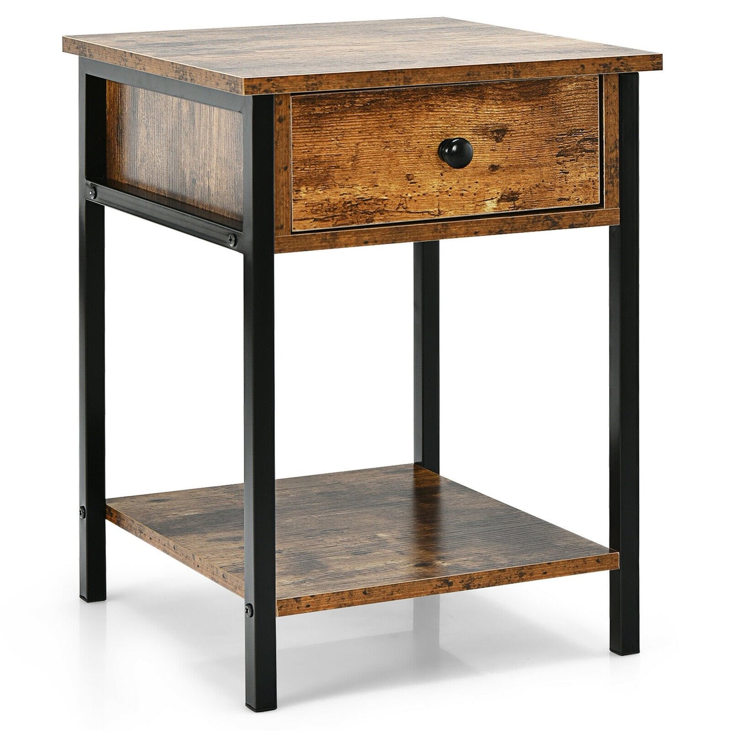 Industrial End Side Table Nightstand with Drawer Shelf-Natural