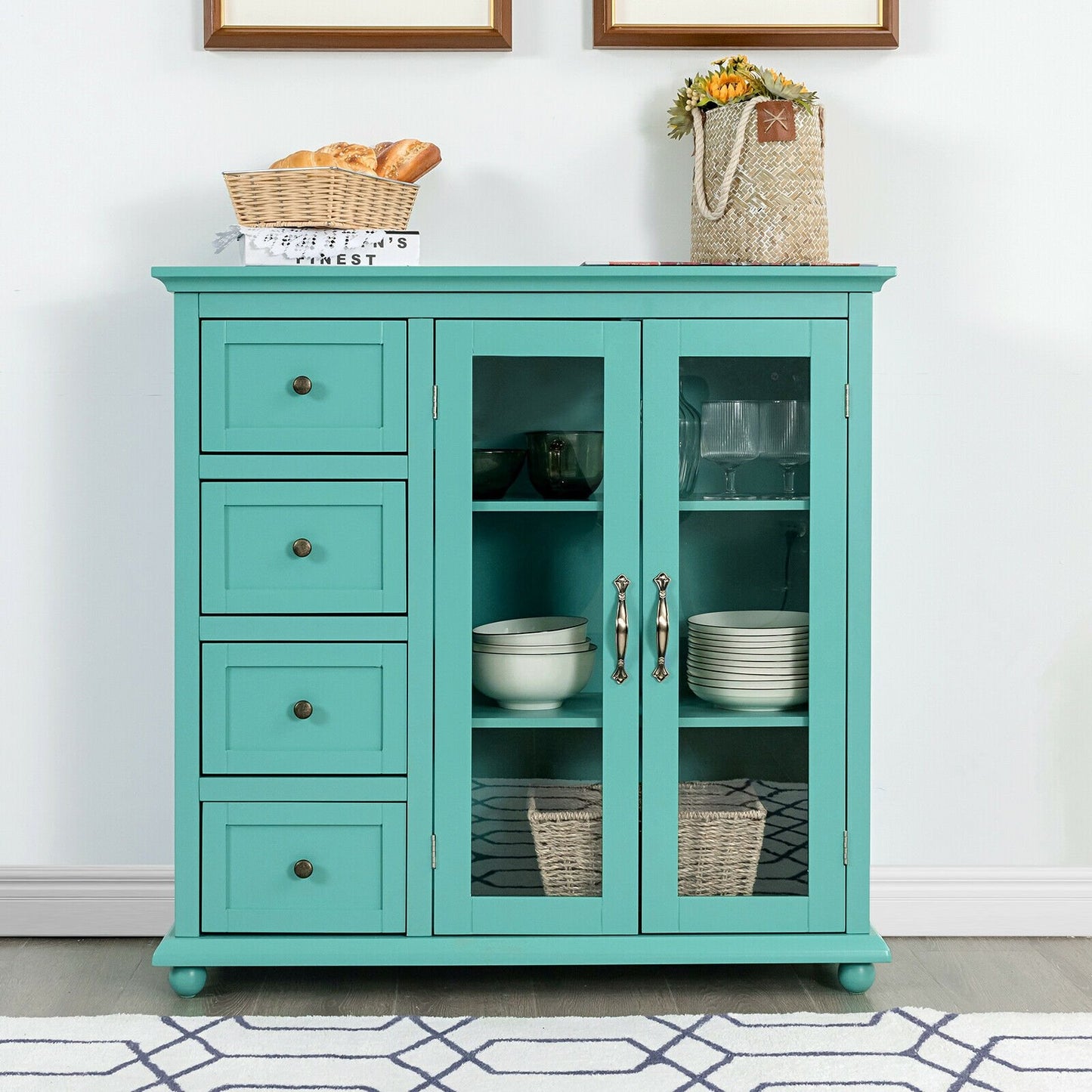 Buffet Sideboard Table Kitchen Storage Cabinet with Drawers and Doors-Blue