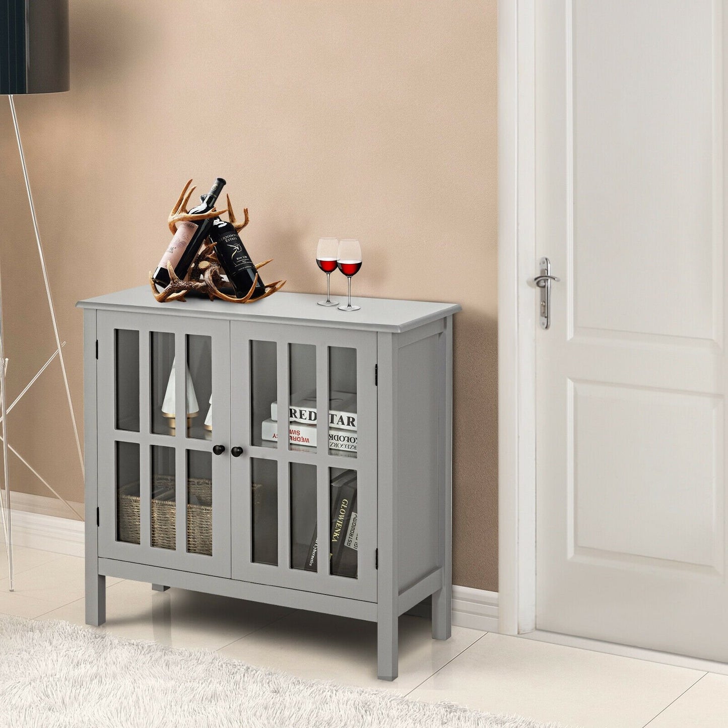 Glass Door Sideboard Console Storage Buffet Cabinet-Black