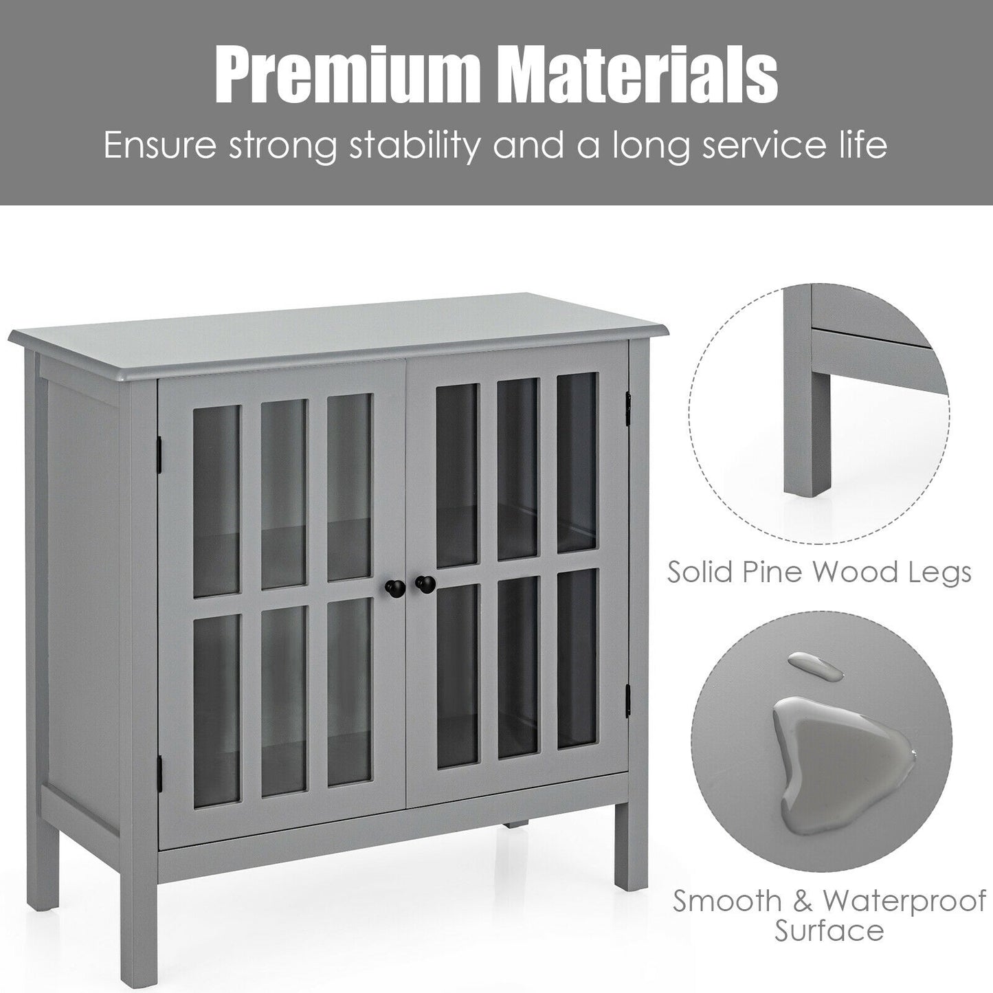 Glass Door Sideboard Console Storage Buffet Cabinet-Gray