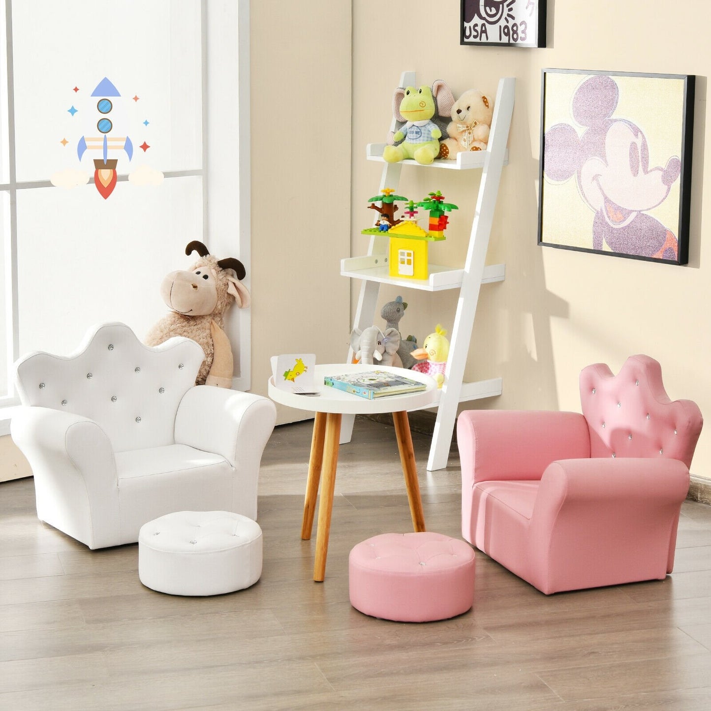 Children Upholstered Princess Sofa with Ottoman and Diamond Decoration for Boys and Girls-Pink